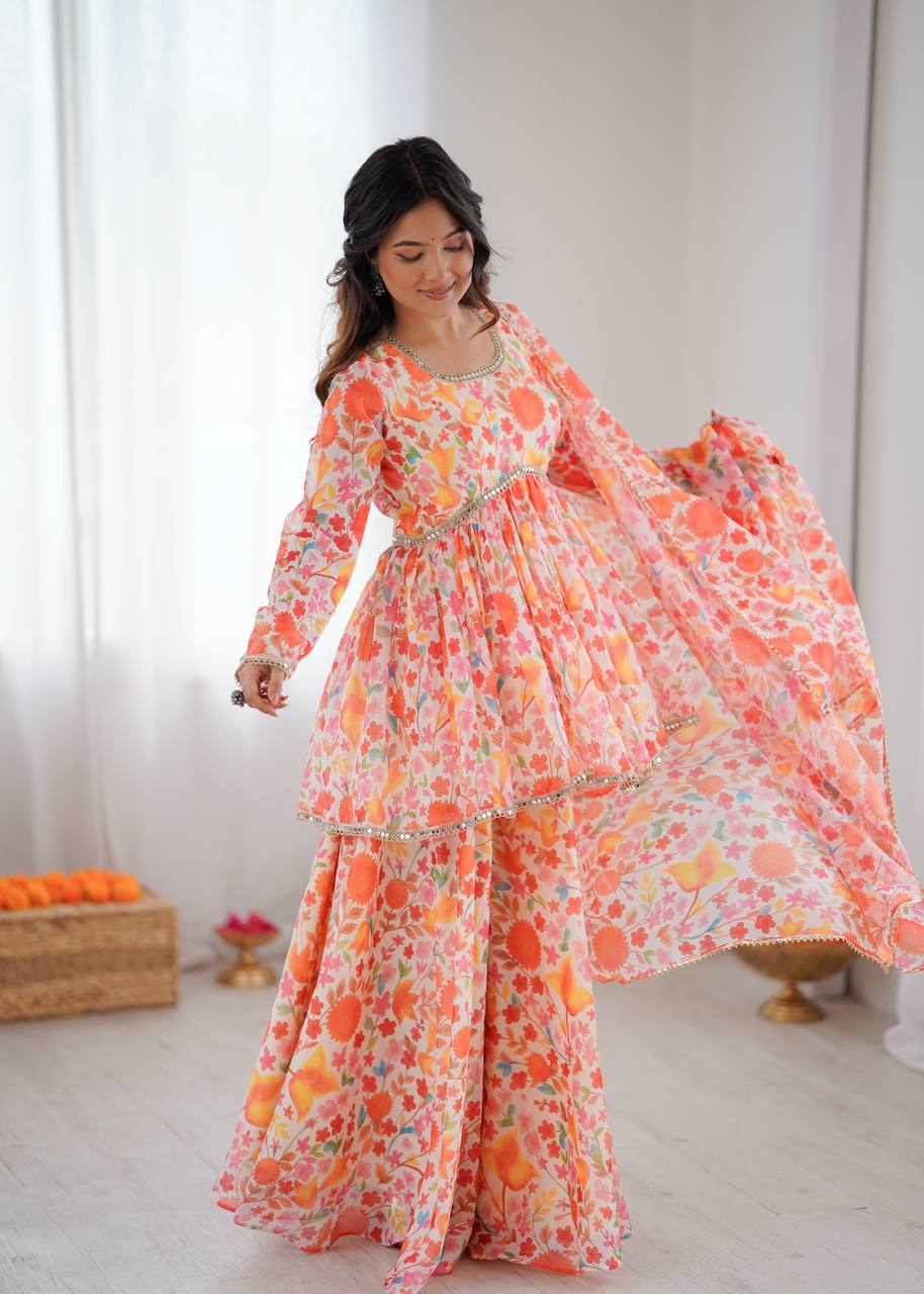 Designer Taby Organza Kediya Kurta Set with Palazzo & Dupatta – Floral Print & Mirror Lace
