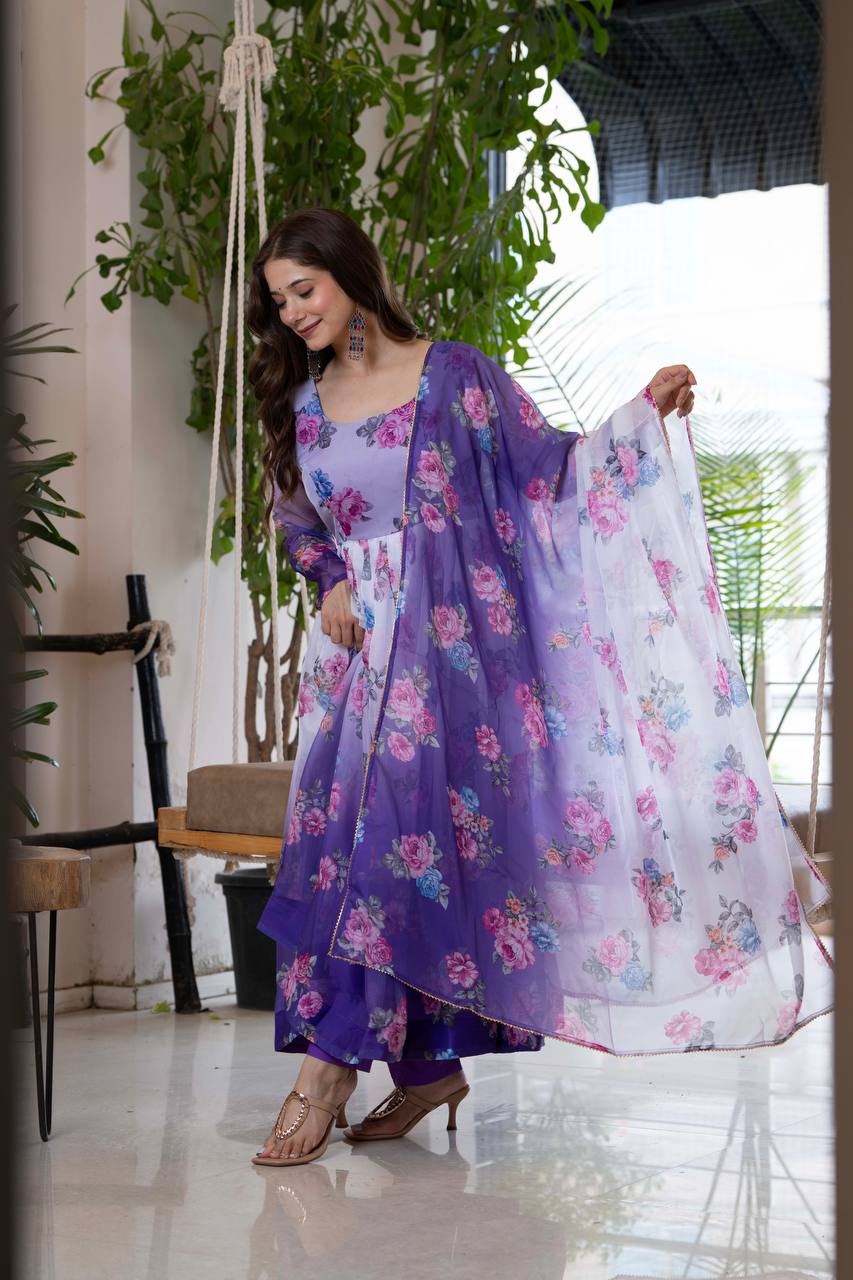 Designer Umbrella Suit Set with Dupatta & Pant – Lightweight Organza Floral Print