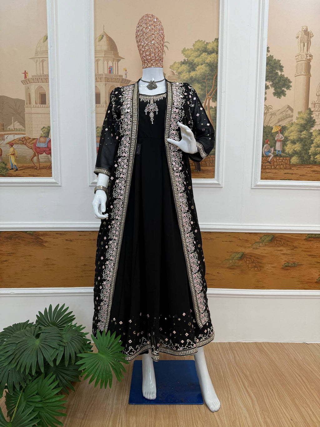 Designer Faux Georgette Gown, Koti & Dupatta Set – Embroidery & Crystal Stone Work