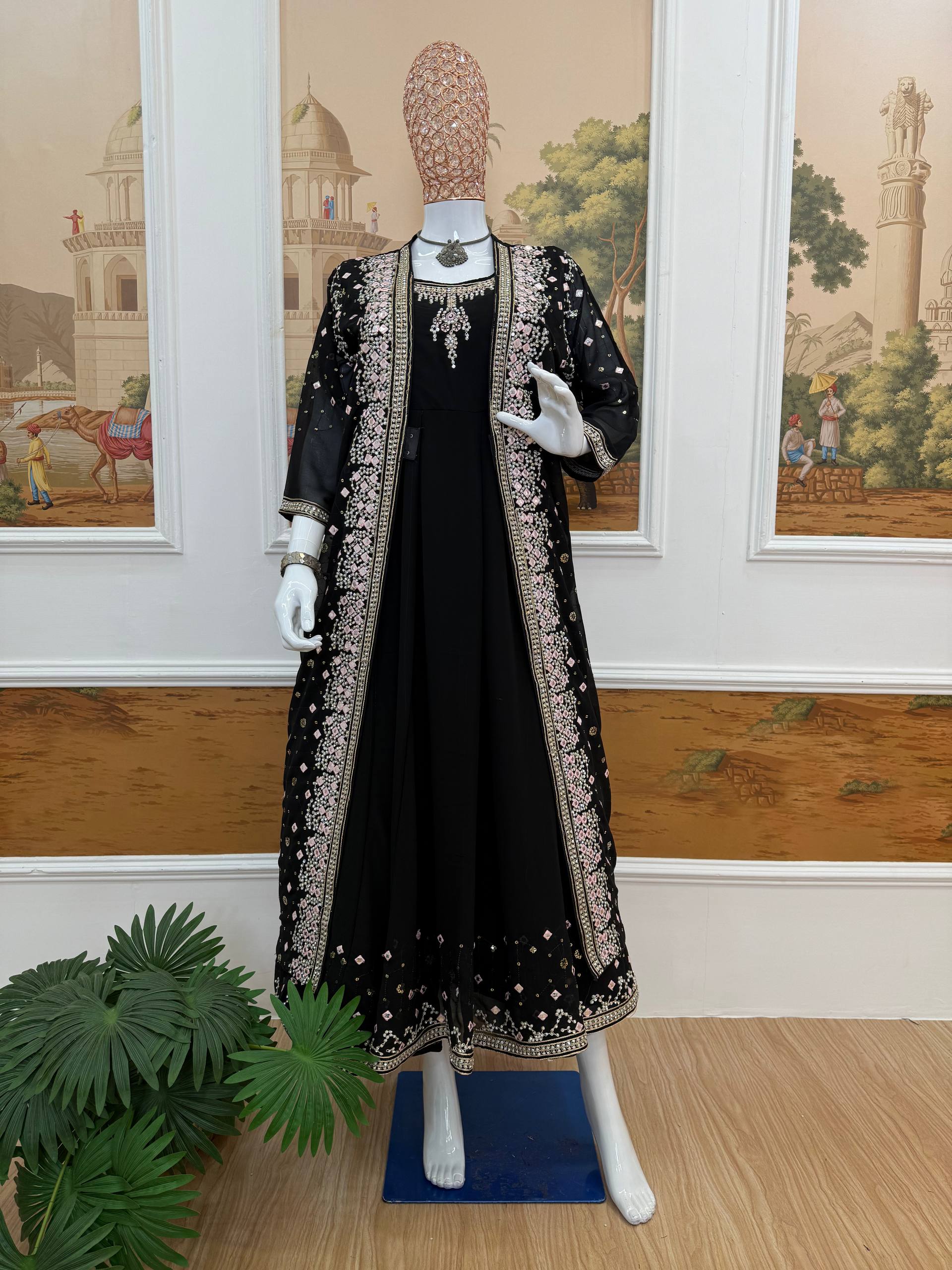 Designer Faux Georgette Gown, Koti & Dupatta Set – Embroidery & Crystal Stone Work