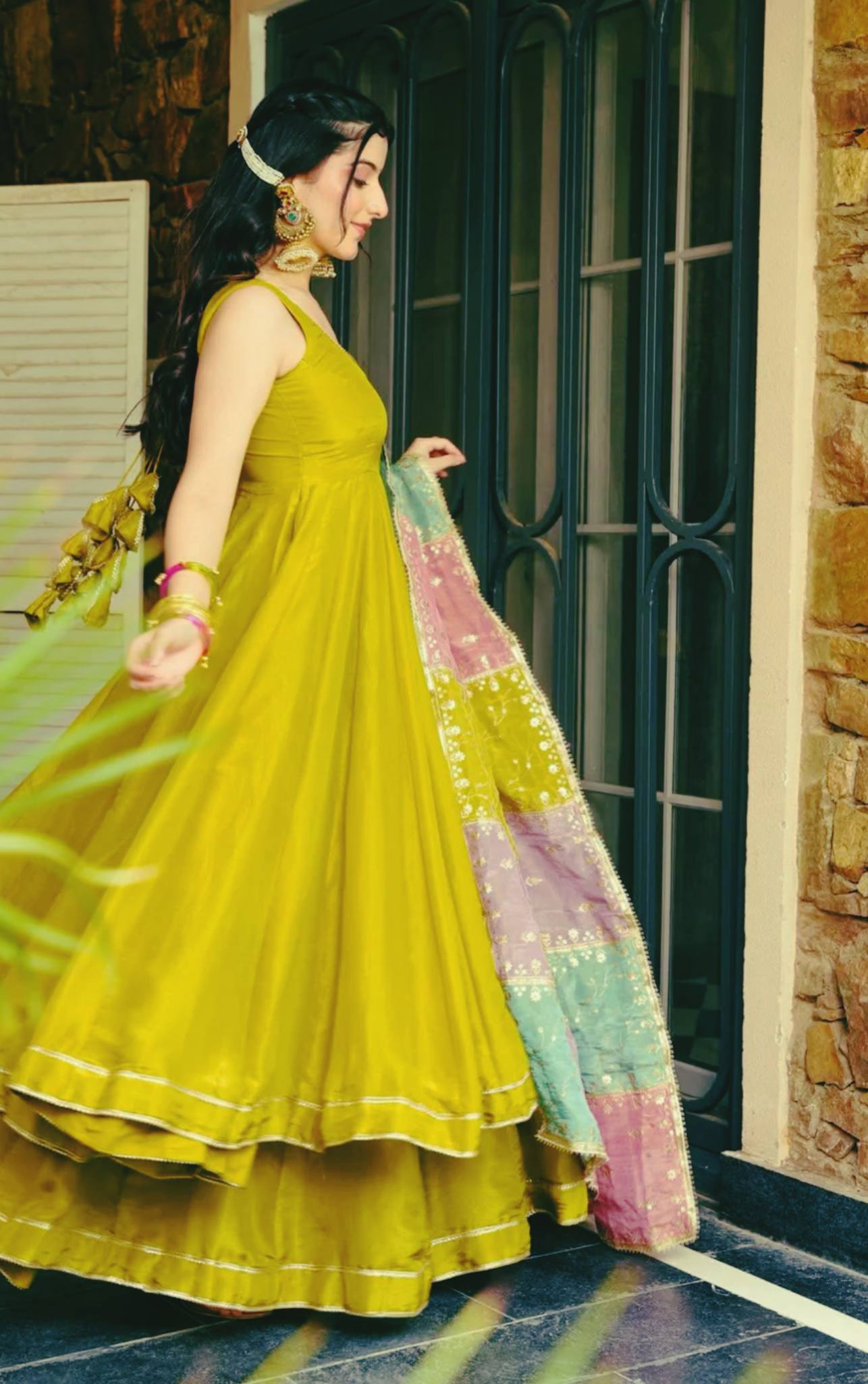 Designer Mehndi Color Roman Simmer Silk Top, Plazzo & Dupatta Set – Embroidery & Gota Lace Work