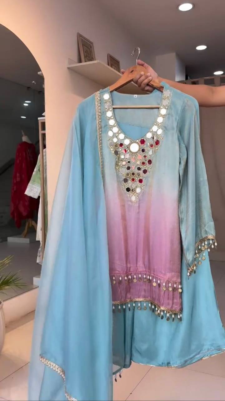 Exclusive 3-Piece Plazzo Set with Dupatta – Printed Crape Silk & Mirror Embroidery Work