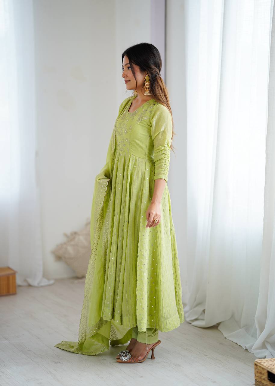 Designer Anarkali Gown Set with Pant & Dupatta – Crunchy Silk with Embroidery & Sequence Work