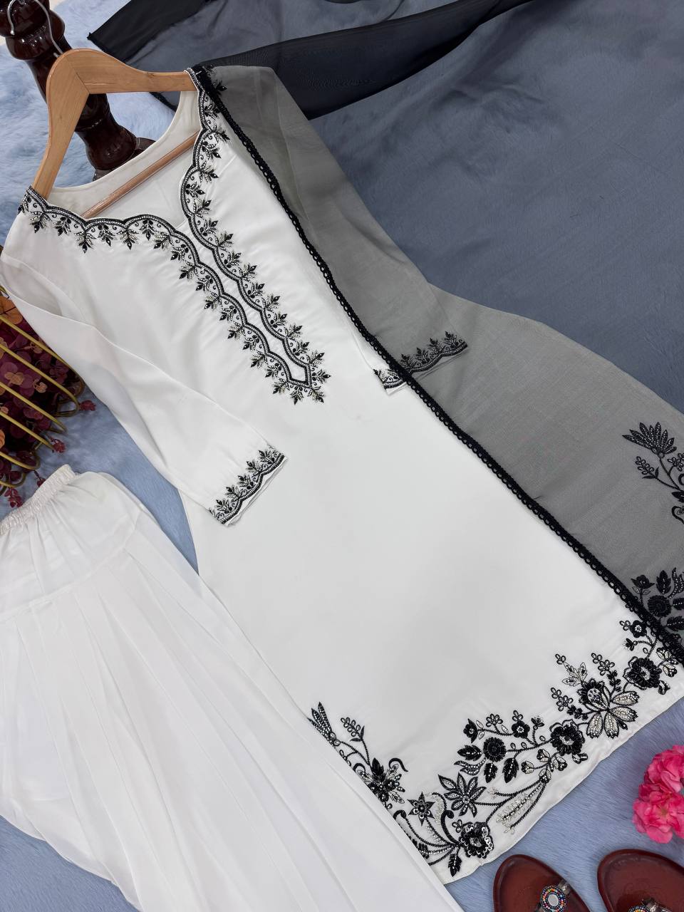 Designer Natural Crepe Top with Farshi Plazzo & Dupatta – Beads, Embroidery & Sequence Work
