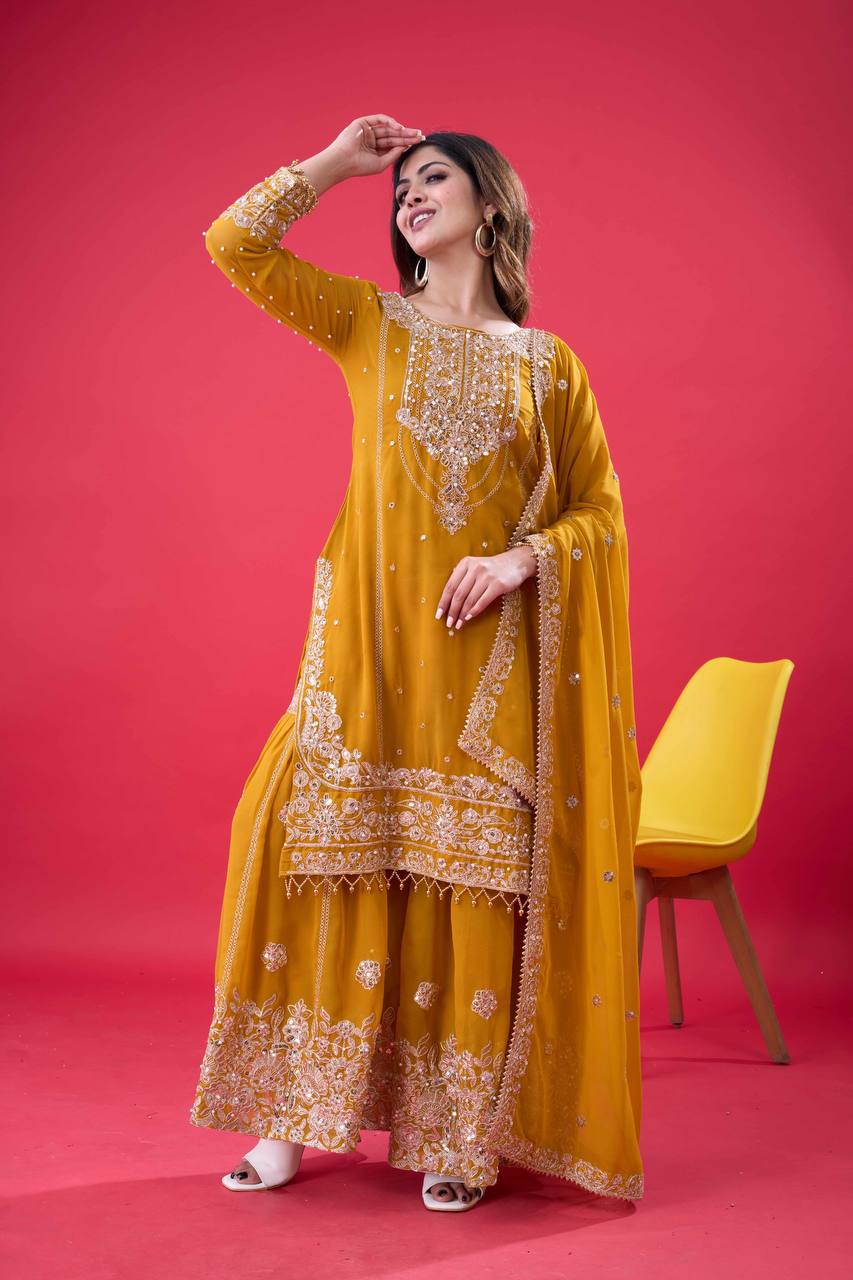 Designer Faux Georgette Top & Plazzo Set with Dupatta – Heavy Embroidery, Dori & Sequence Work