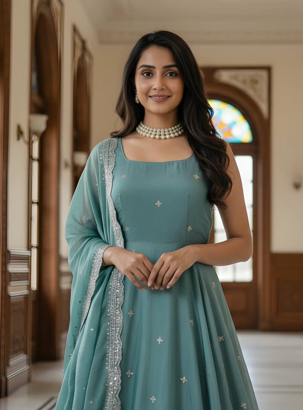 Modern Pastel Teal Anarkali Gown with Dupatta And Embroidery Work