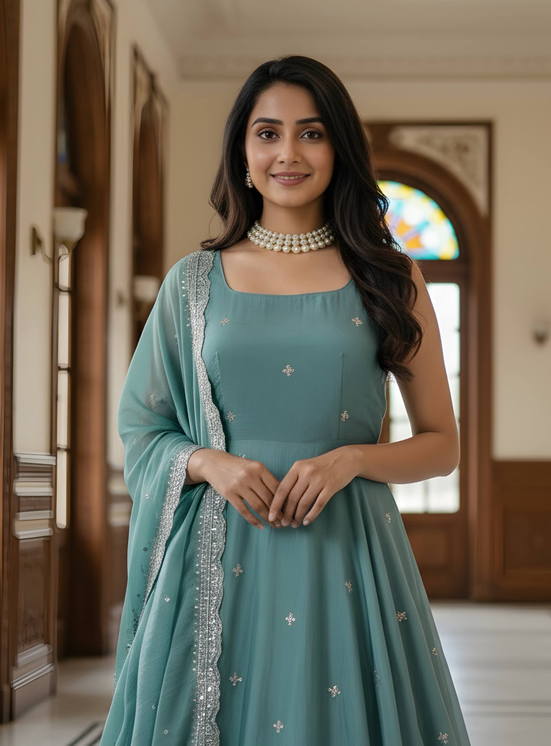 Modern Pastel Teal Anarkali Gown with Dupatta And Embroidery Work