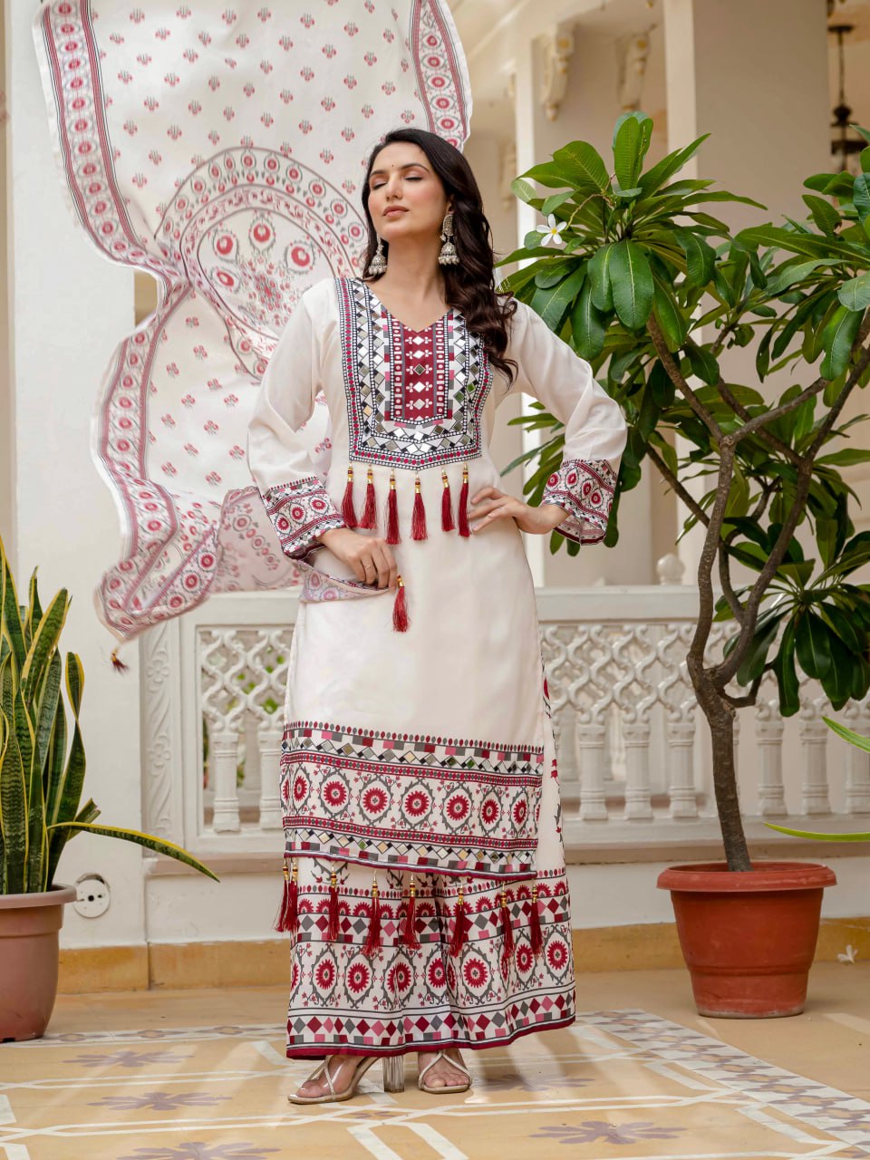 DESIGNER WEAR TRENDING TOP WITH PRINTED WORK AND REAL MIRROR WORK WITH PLAZZO AND DUPATTA SET