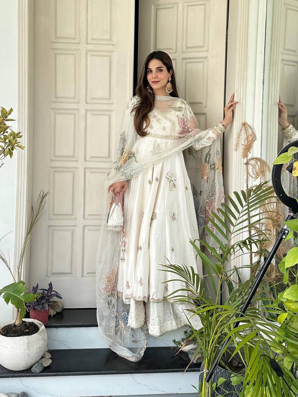 Off White Chinon Embroidery Lace Work Gown
