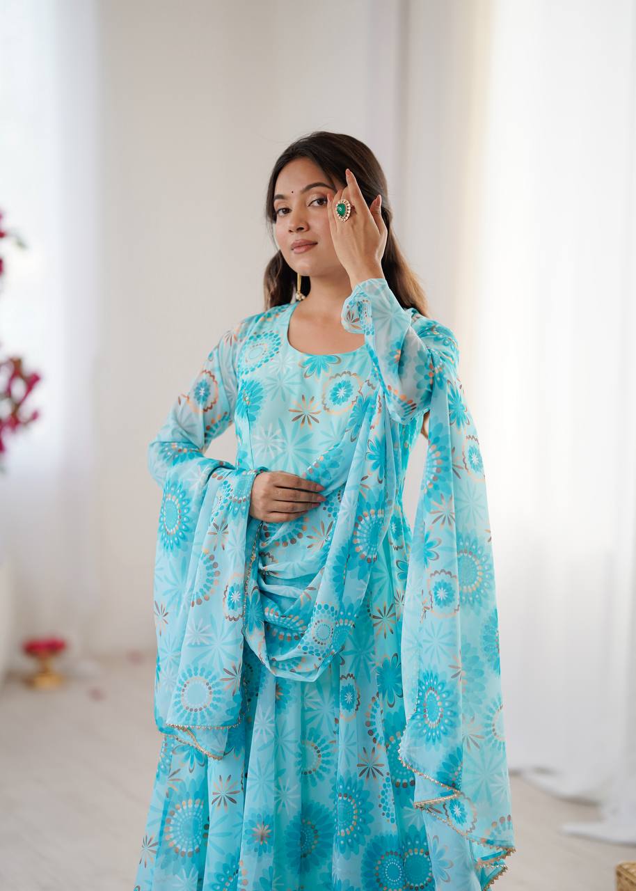 Womens Blue Printed Anarkali Kurta With Trousers & Dupatta