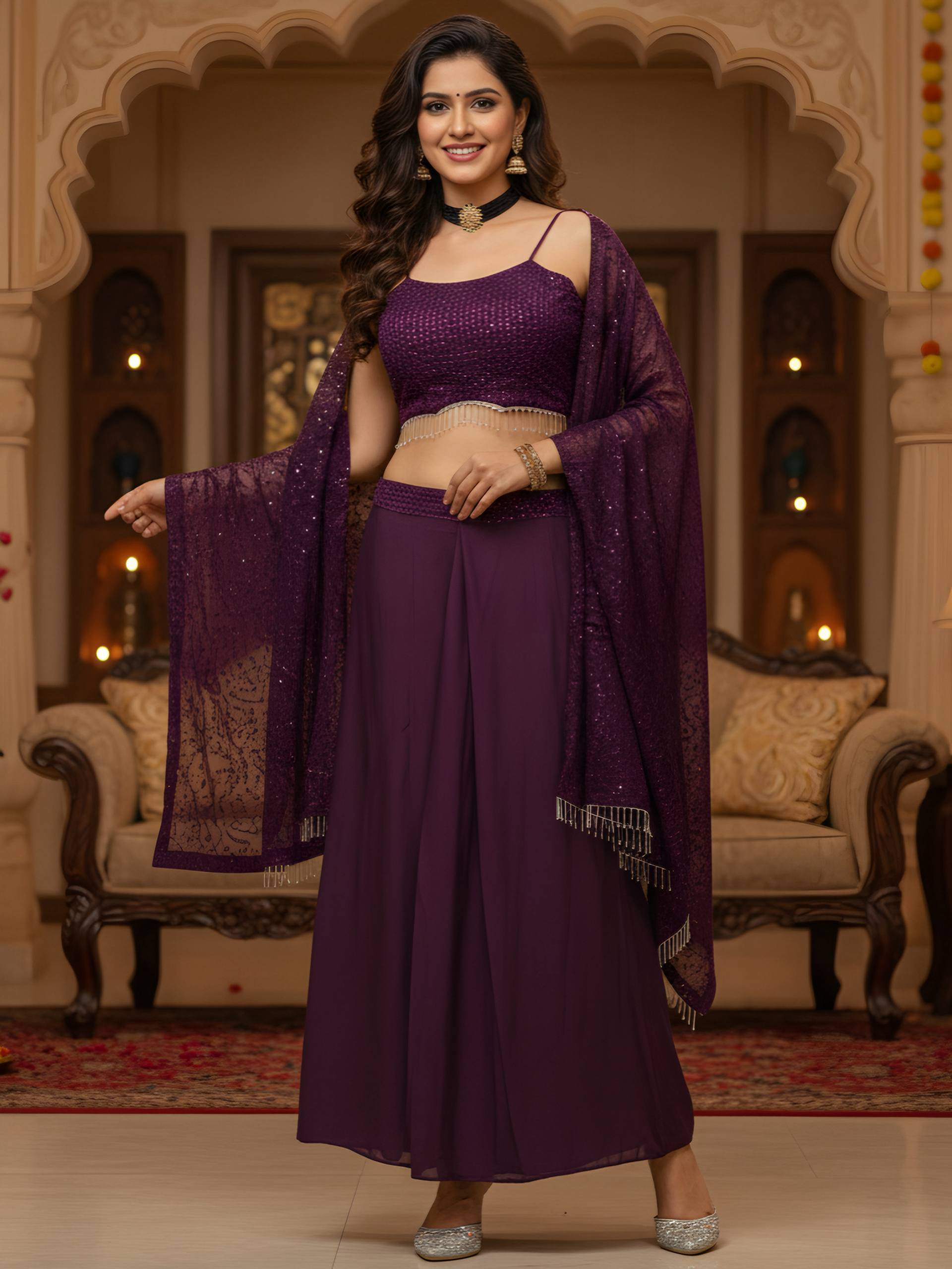 Purple Embroidered Silk Sangeet Readymade Palazzo Set