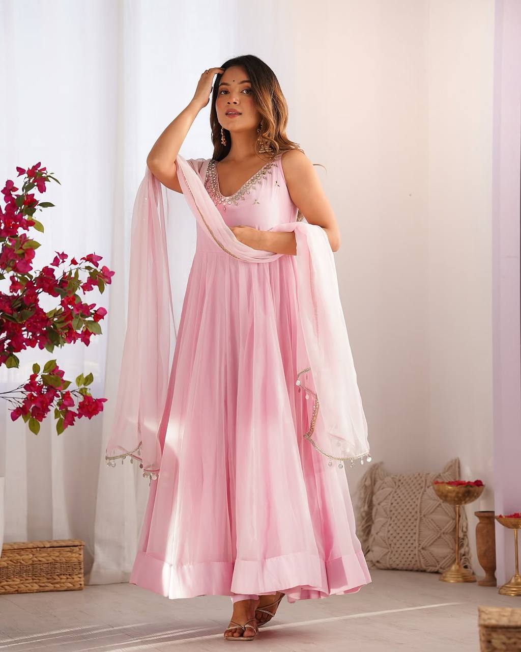 Women Empire Mirror Work Kurta with Trousers & Dupatta