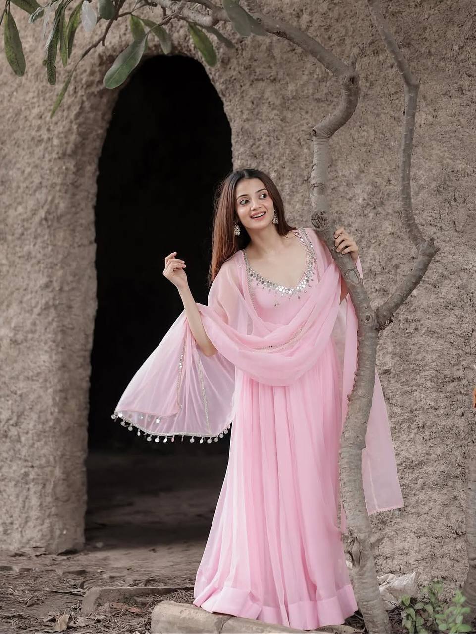 Women Empire Mirror Work Kurta with Trousers & Dupatta
