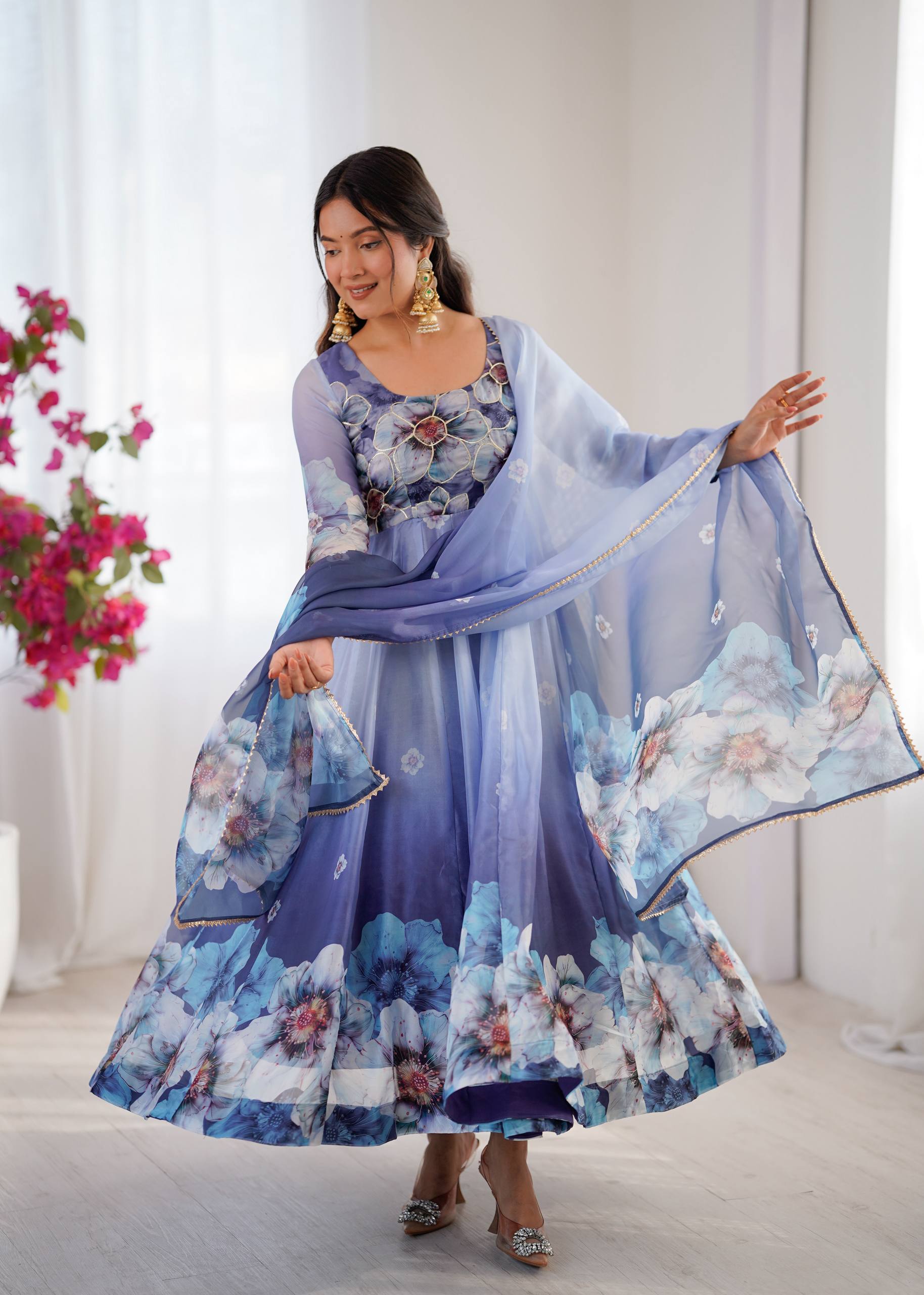 Organza Blue Festival Wear Digital Print Work Readymade Gown