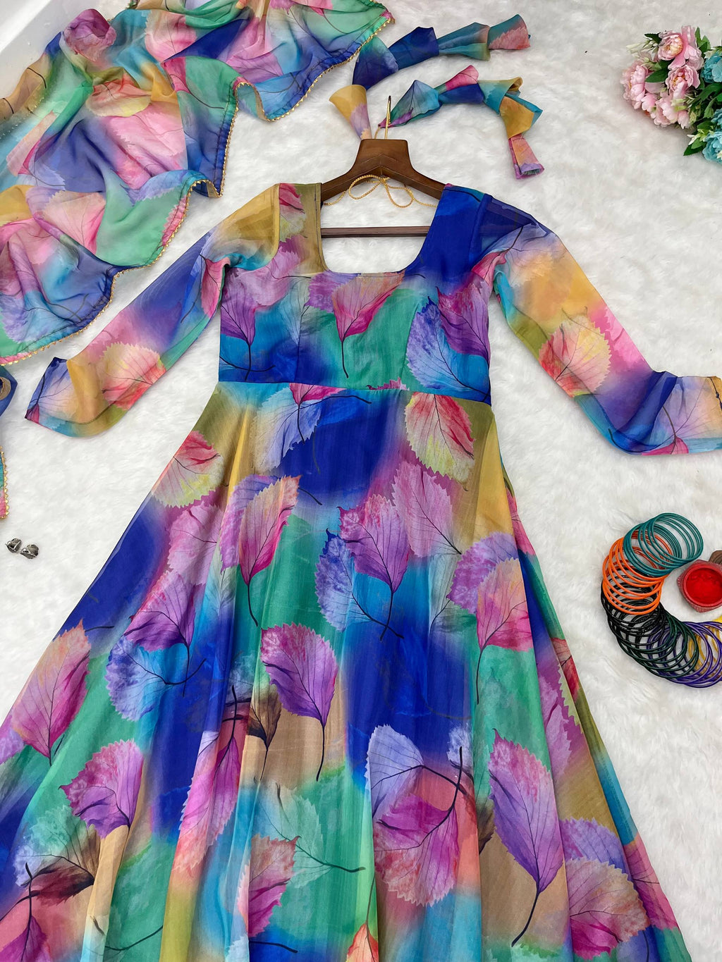Women's Organza Anarkali Floral Printed Kurta Pent Set with Dupatta Set Anarkali Kurti for Women