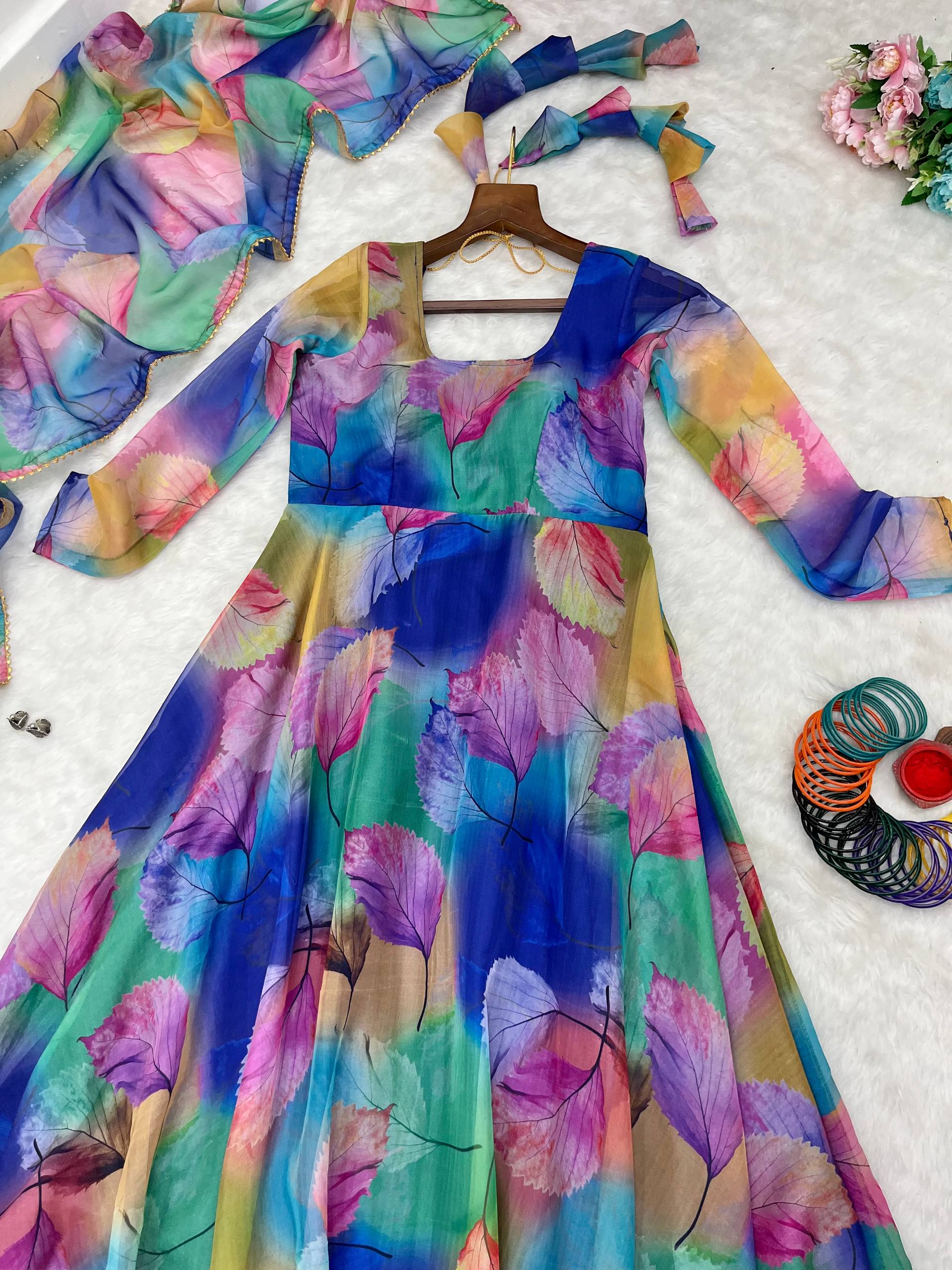 Women's Organza Anarkali Floral Printed Kurta Pent Set with Dupatta Set Anarkali Kurti for Women