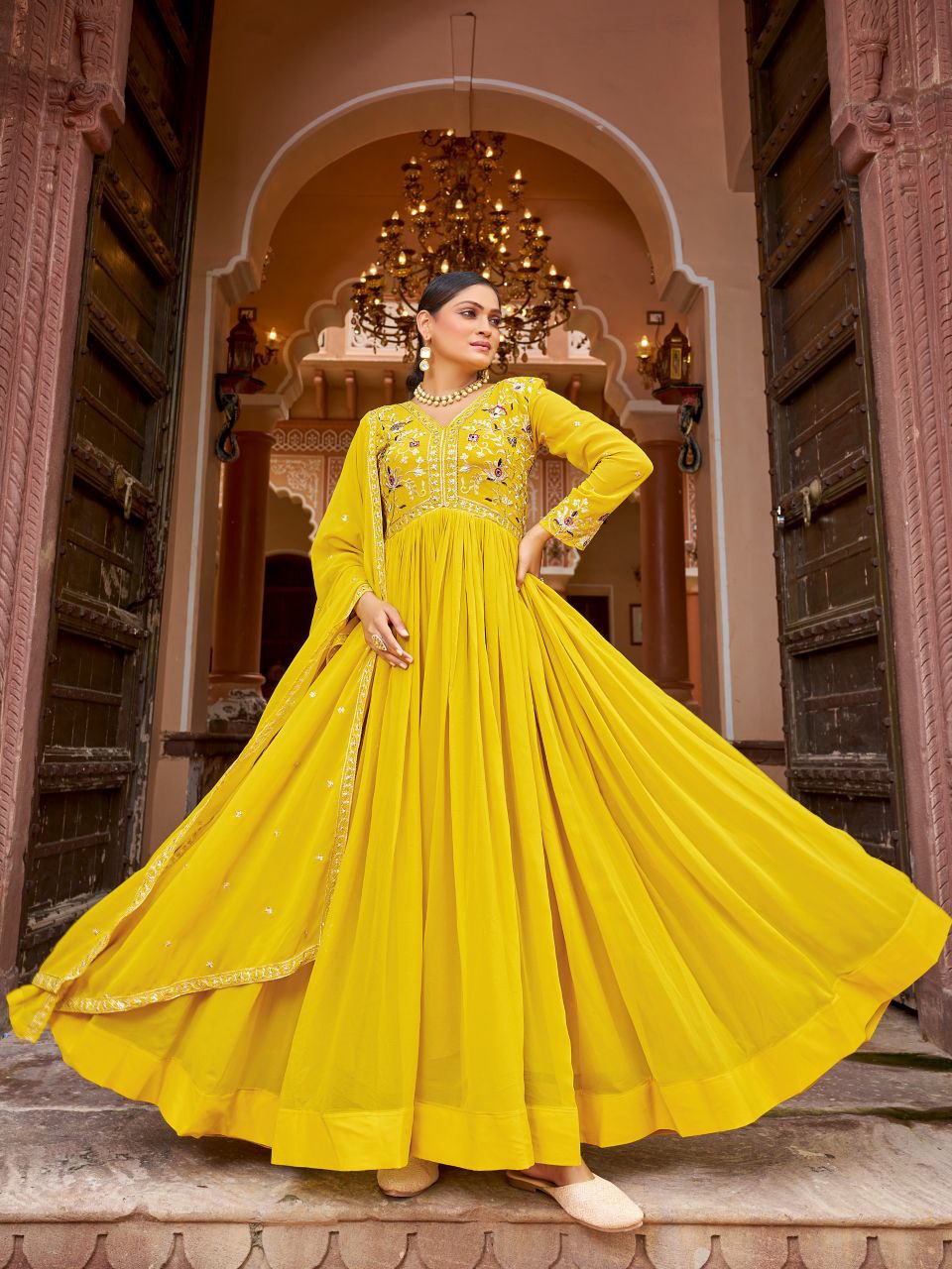 Premium Designer Readymade Gown with Dupatta – Zari & Sequins Embroidery