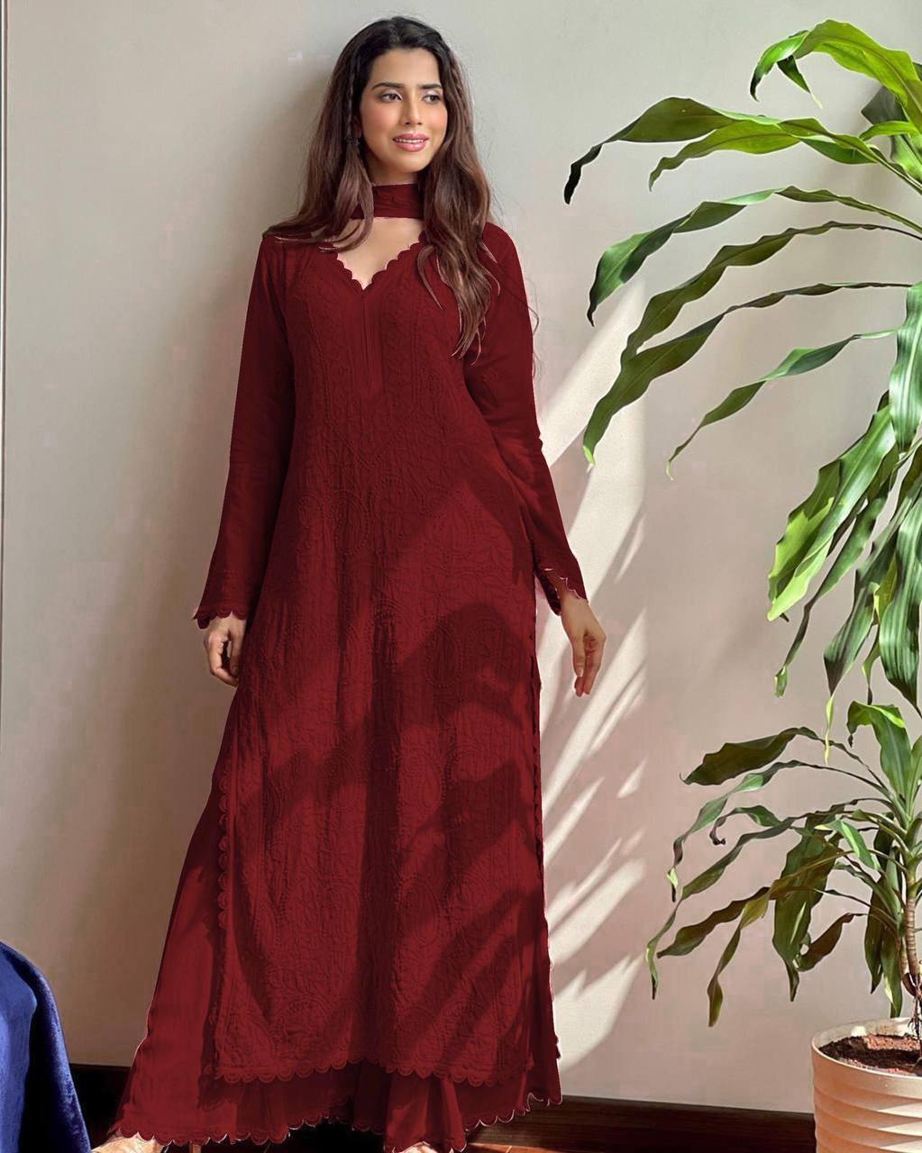 New Maroon Trend Chikankari special Ethnic Set