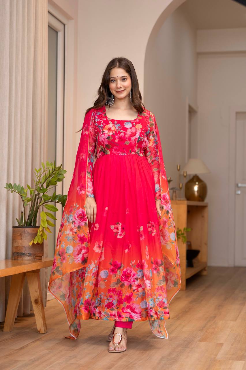 Women Floral Printed Tiered Kurta & Trousers With Dupatta