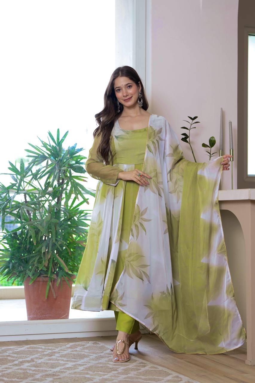 Floral Printed Anarkali Kurta With Trousers & Dupatta