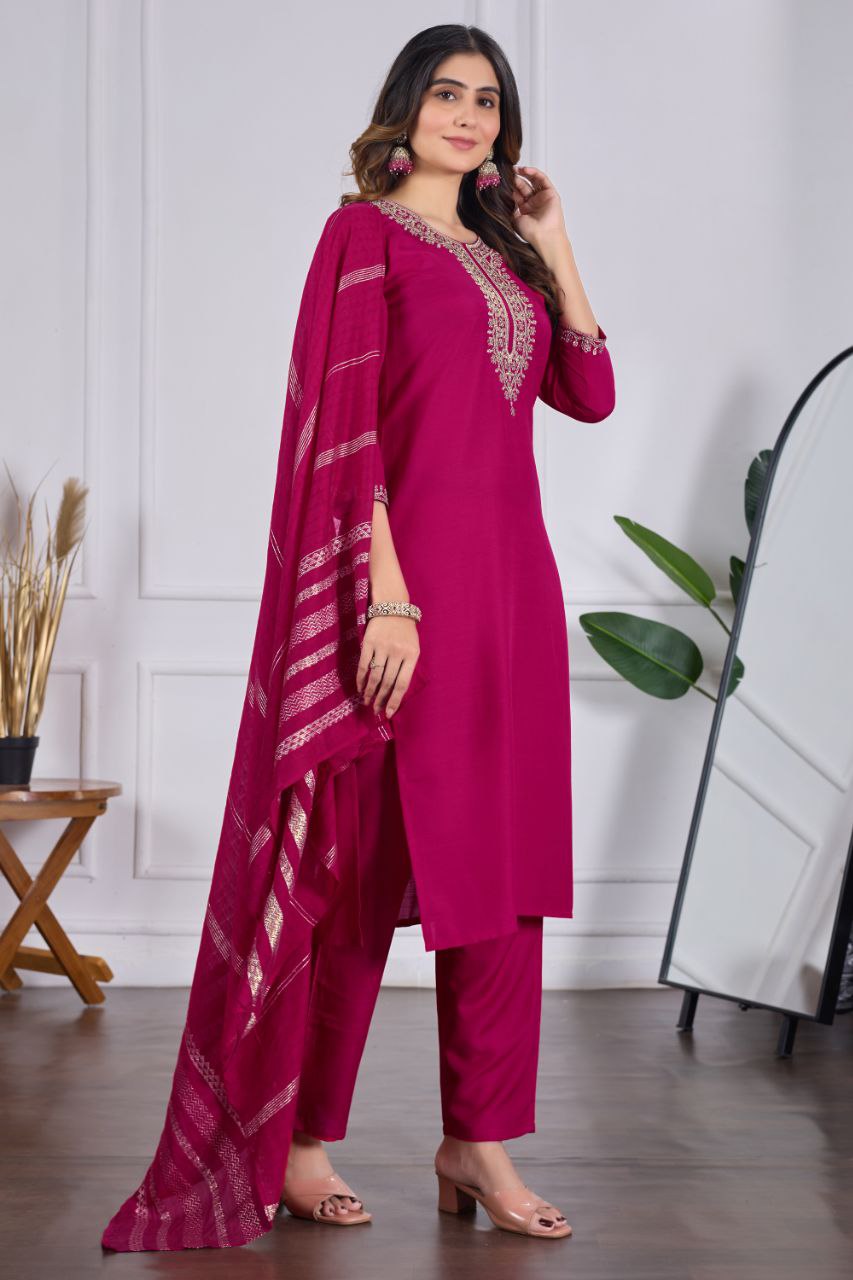 Women Embroidered Kurta with Pant & Dupatta