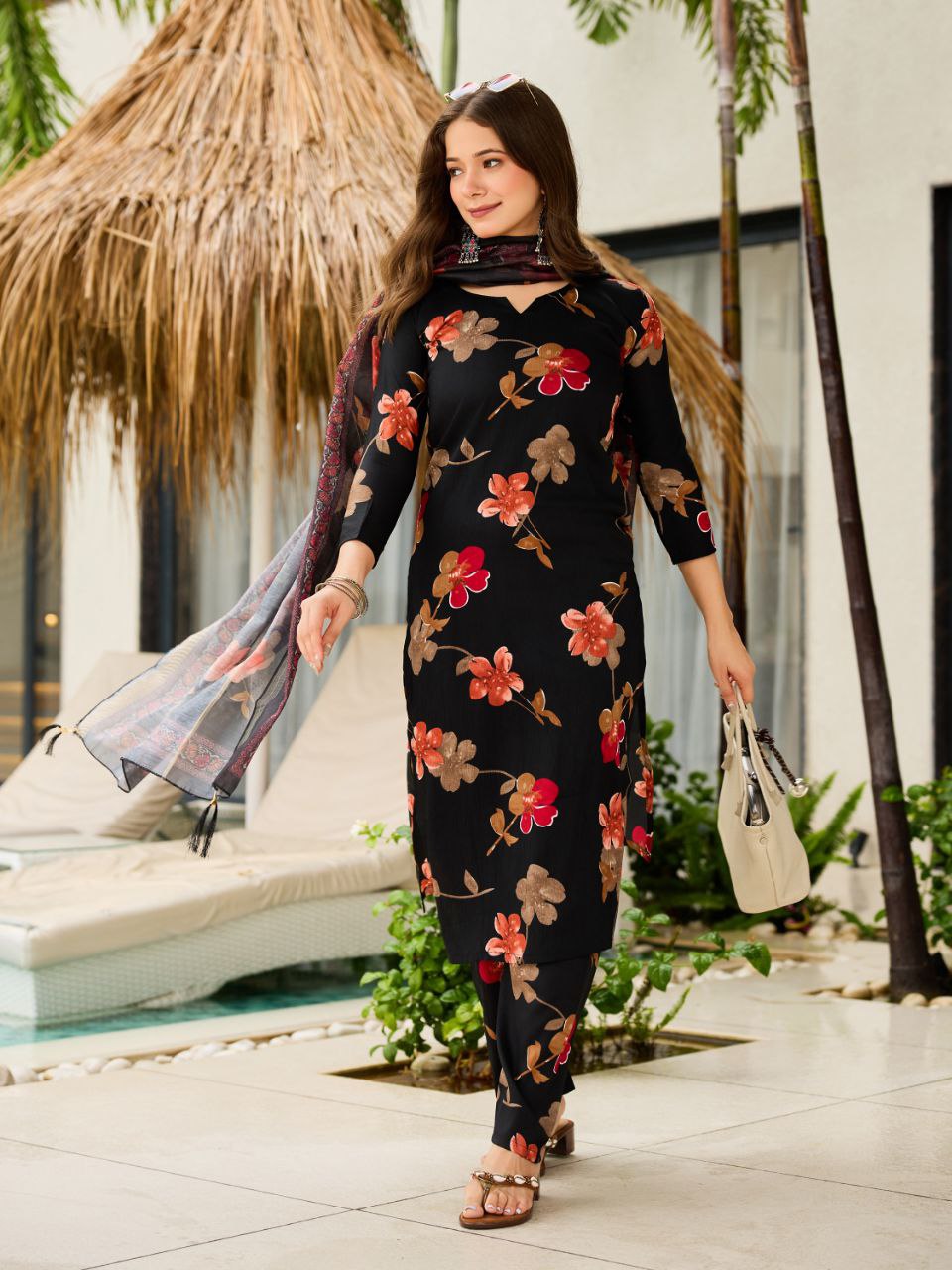 Women Silk Blend Embroidered Kurta with Trousers & With Dupatta Set