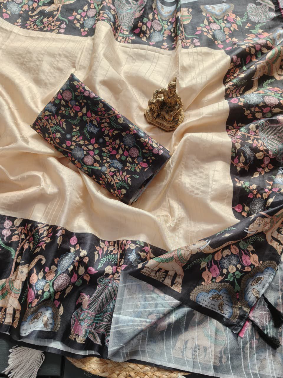 Heavy Handloom Tussar Silk Saree with Gajraj Chitrakala Digital Print & Blouse