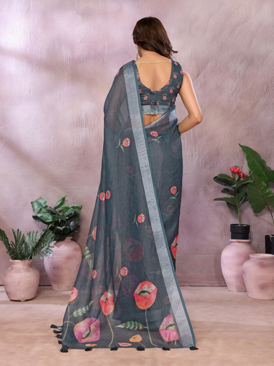 Black Linen Shimmer Saree with Printed Floral Design & Peach Tassel Border