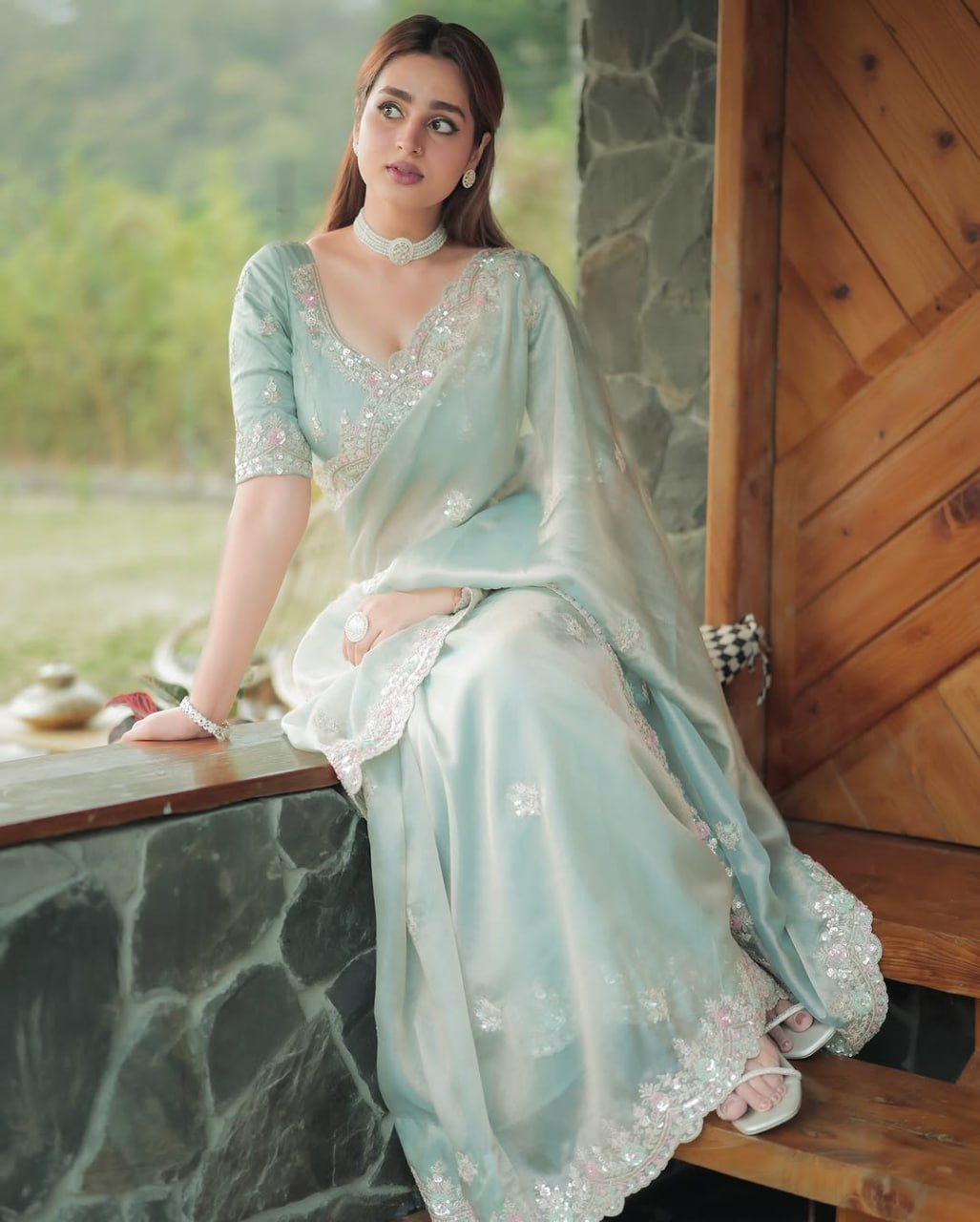 Heavy Soft Fandy Satin Silk Saree with Embroidery, Sequences & Cutwork Border