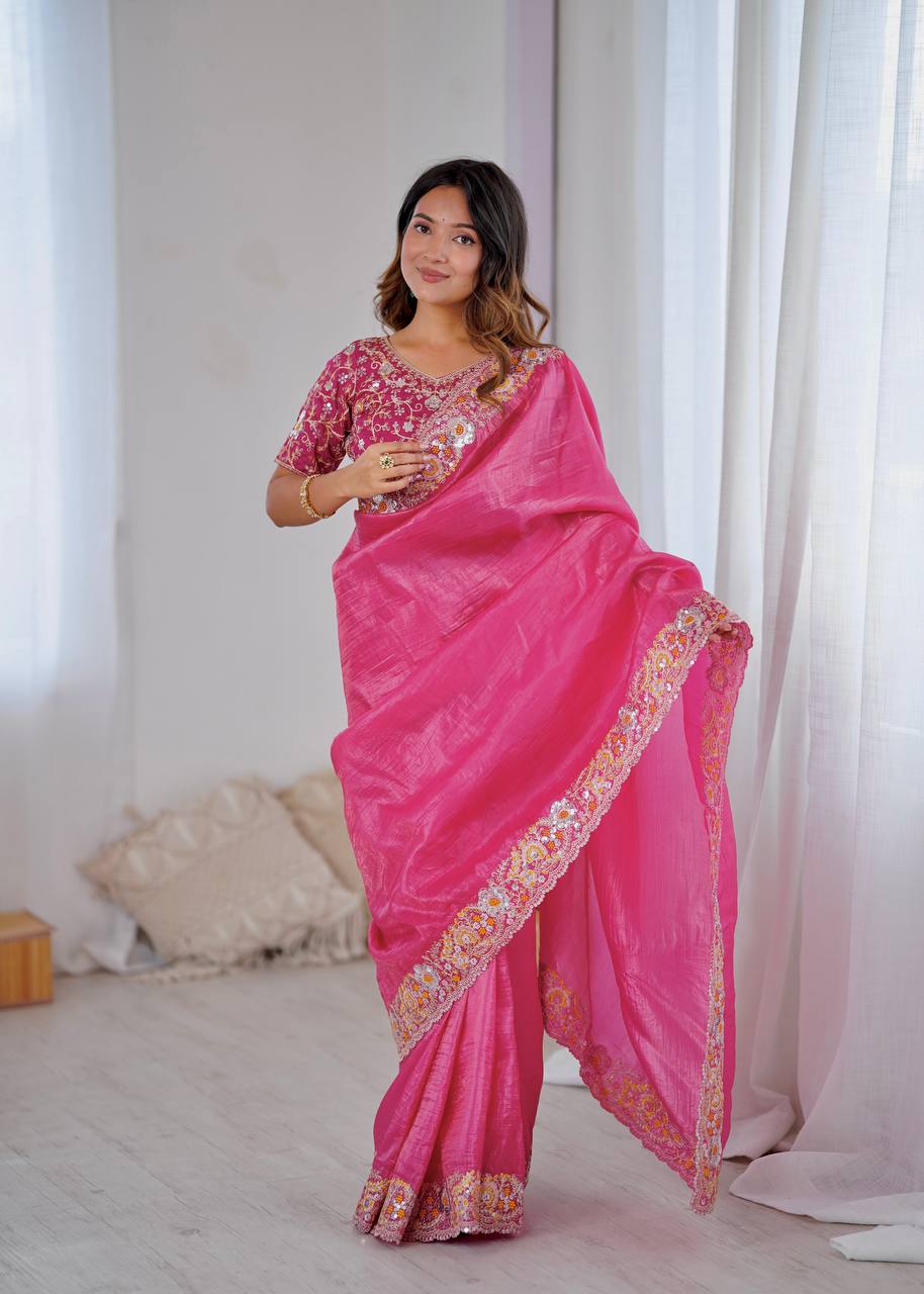 Premium Gold Crush Silk Saree with Heavy Embroidery & Sequins Work
