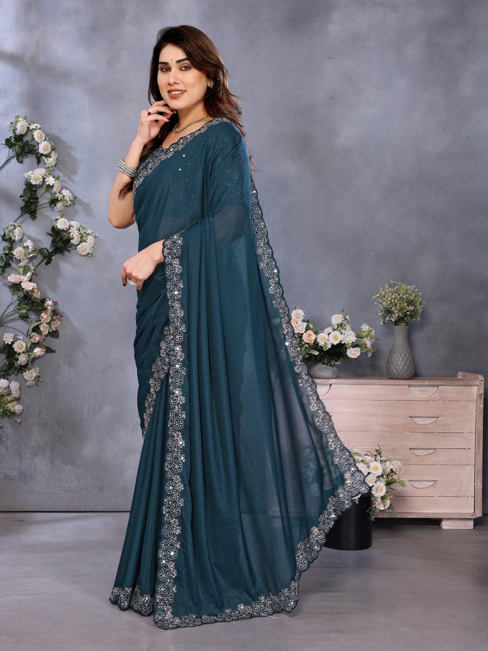 Soft Star Georgette Silk Saree with Mirror Hand Embroidery & Cutwork Border