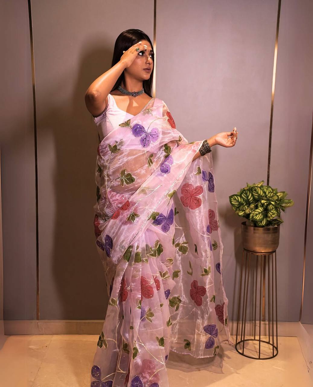 Lilac Floral Printed Organza Saree with Sequin Handwork and Silk Blouse