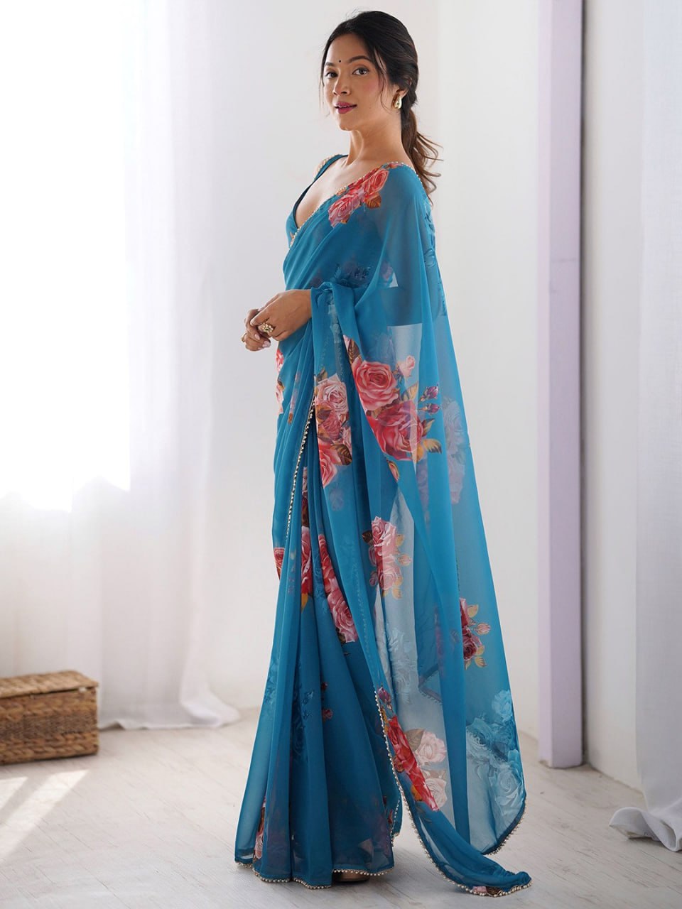 Light Blue Printed Georgette Saree with Moti Lace & Satin Patta Blouse