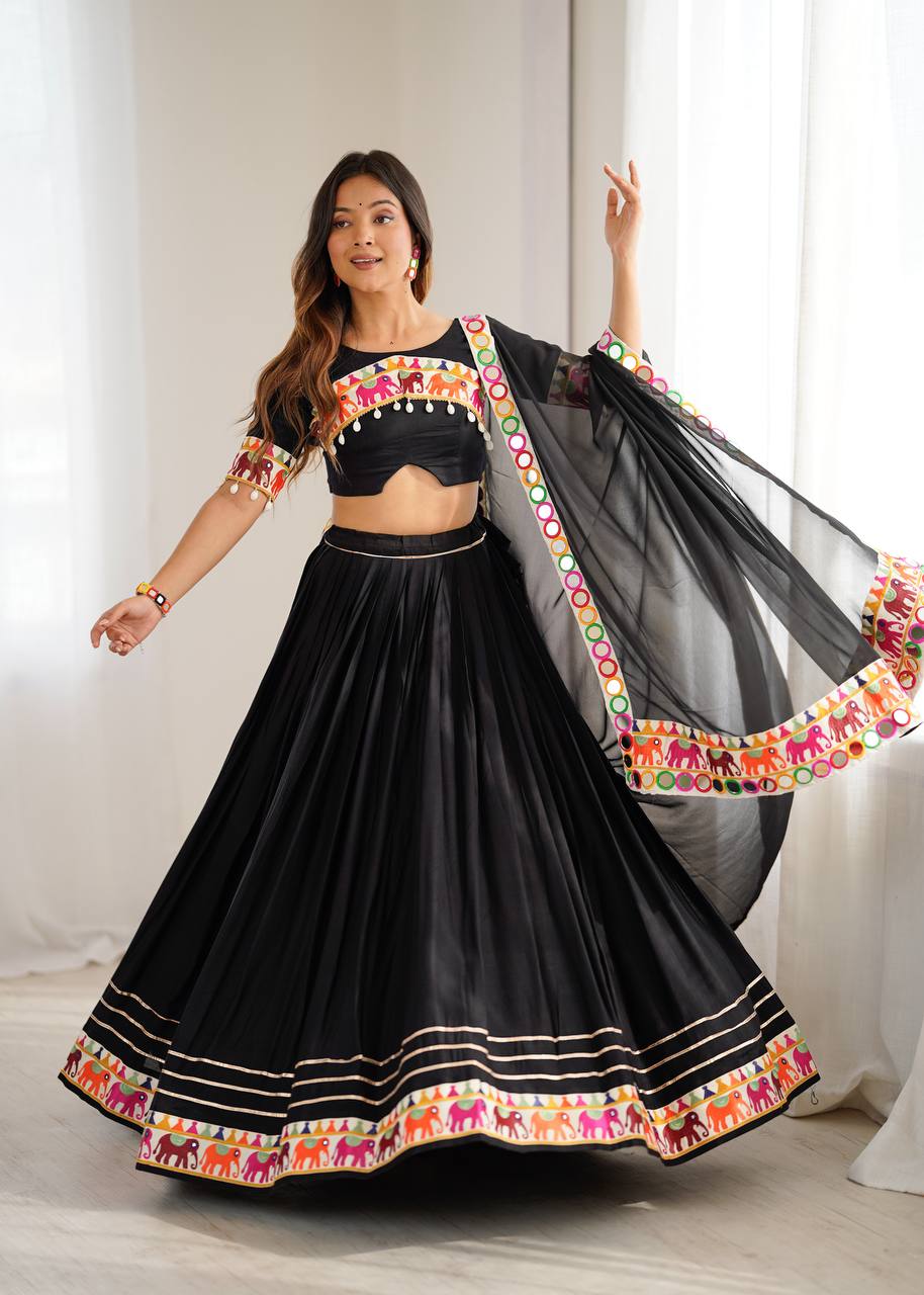 Black Heavy Rayon Lehenga with Gamthi, Real Mirror & Tassel Work