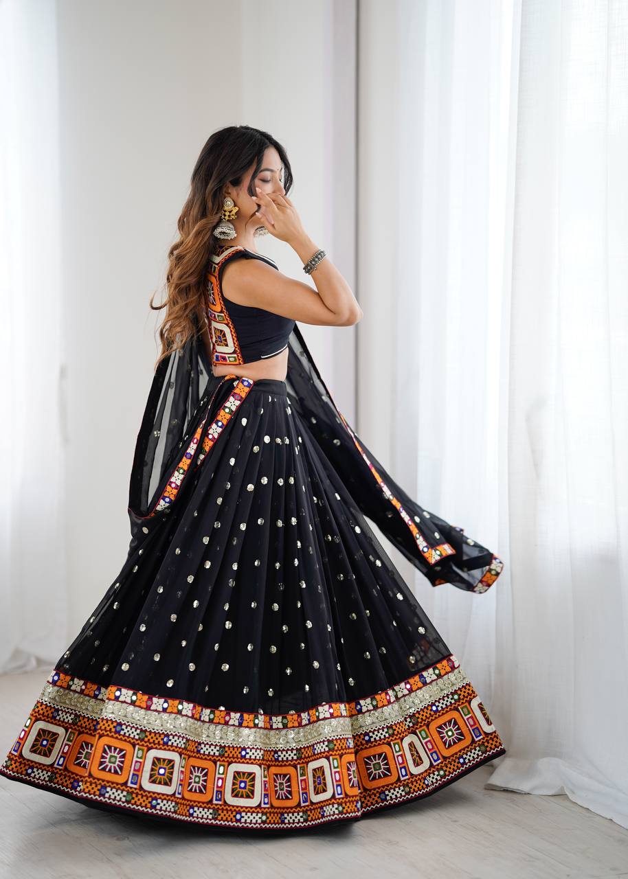 Black Designer Faux Georgette Lehenga Choli Set with Real Mirror & Chain Stitch Work