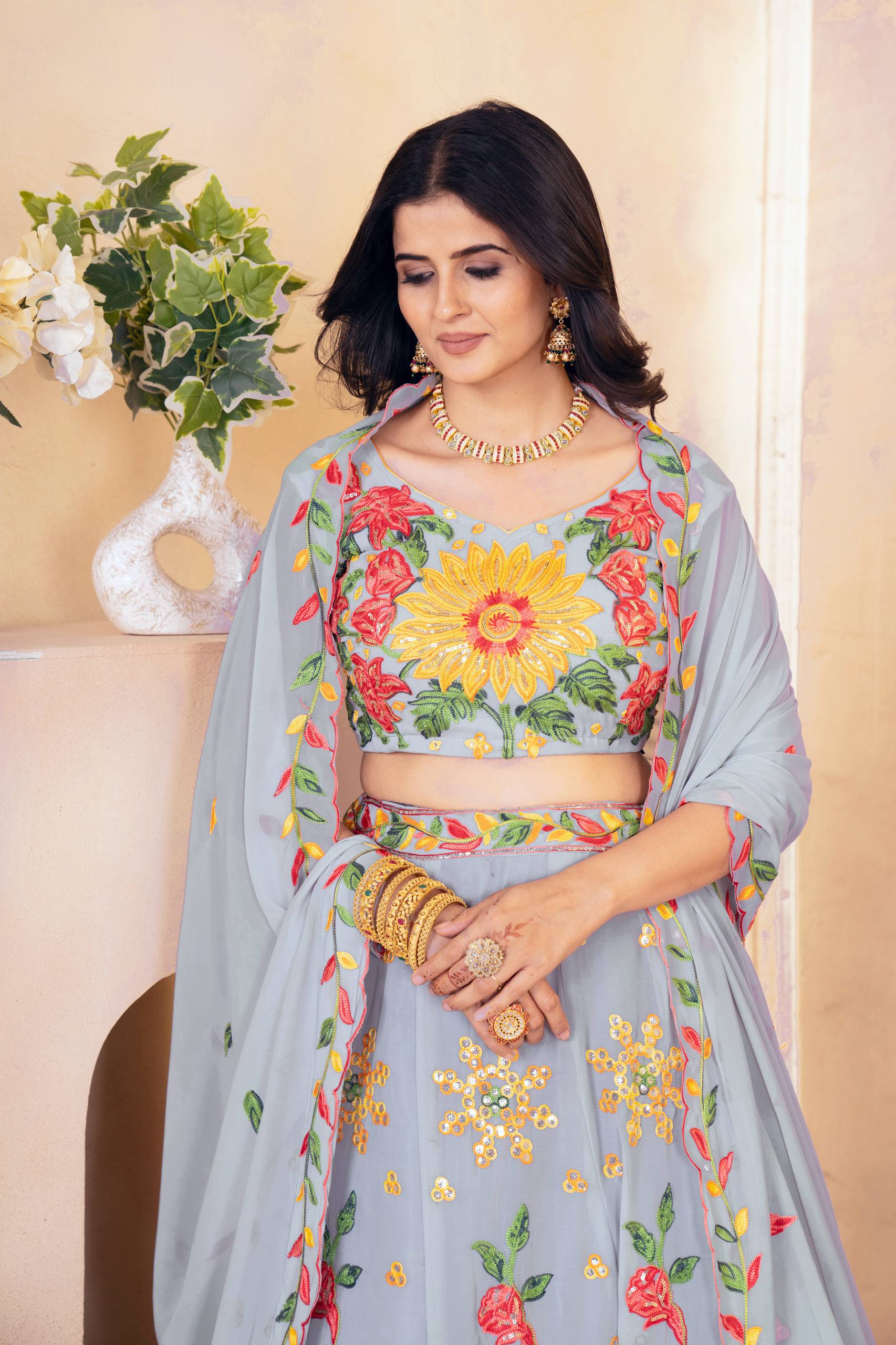 Light Blue Georgette Embroidery Bridal Lehenga