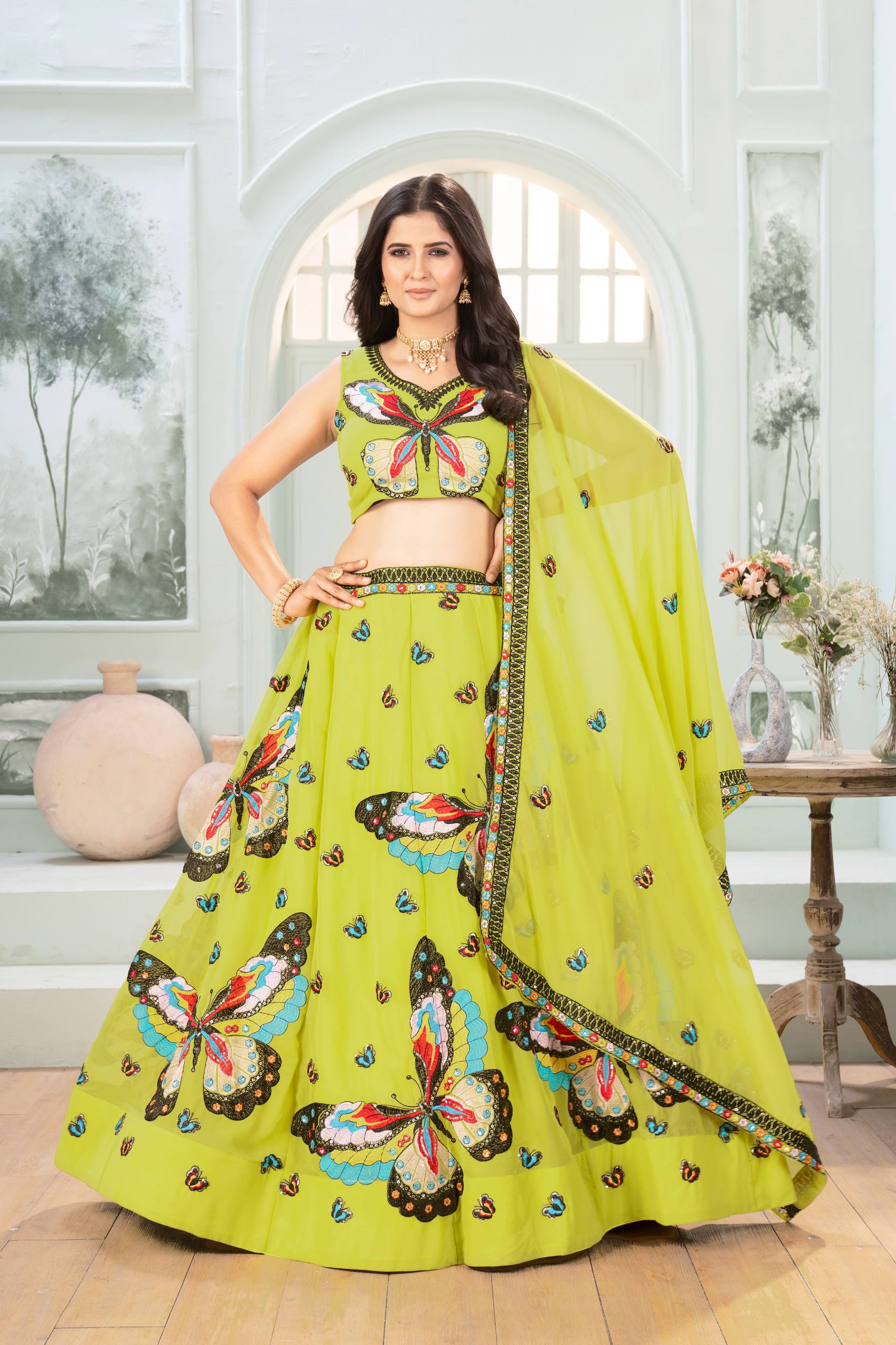 Colorful Faux Georgette Lehenga with Butterfly Work Designer Look for Celebrations