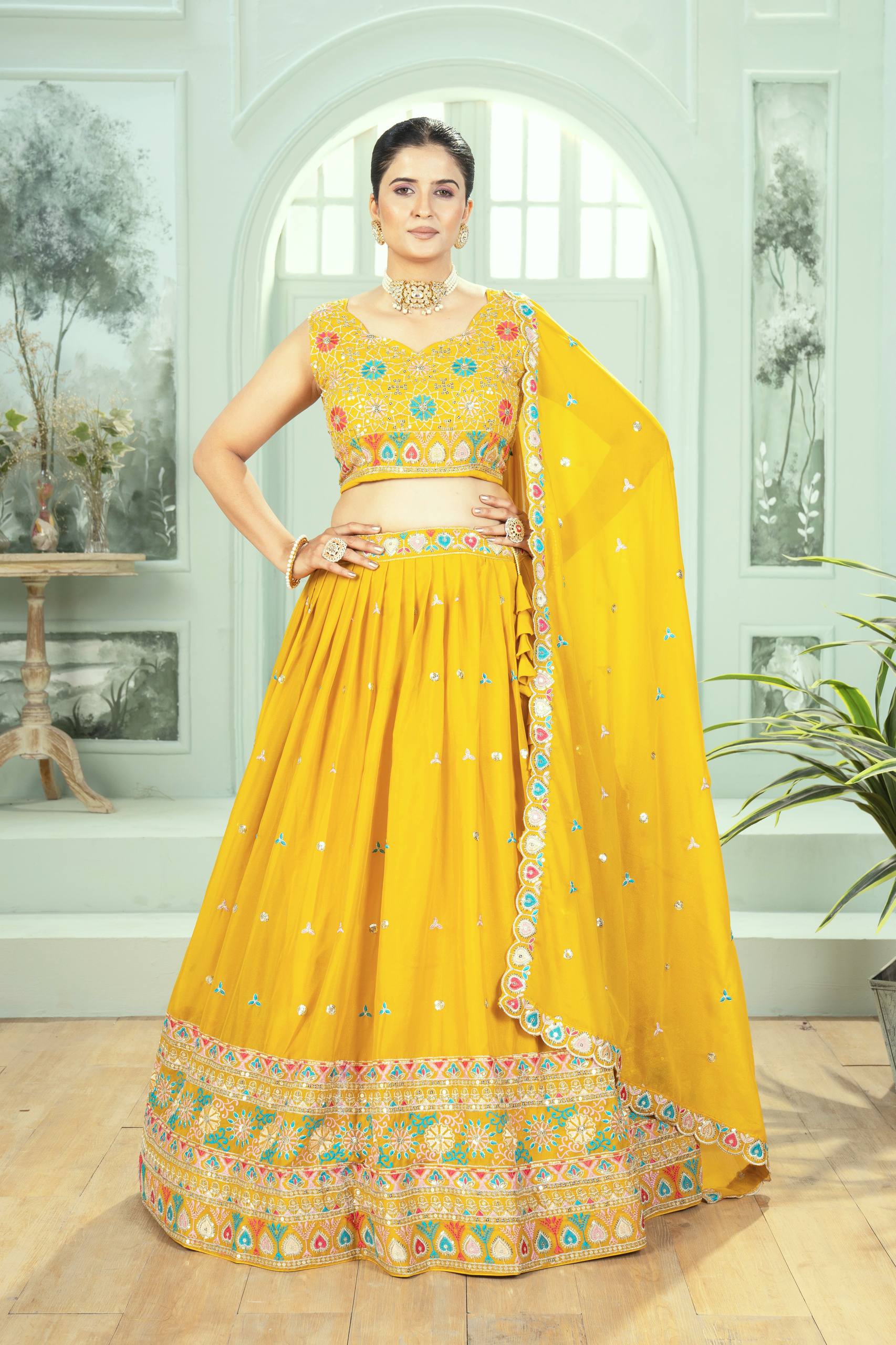 Haldi Special Yellow Color Georgette Embroidery Sequence Work Designer Lehenga Choli