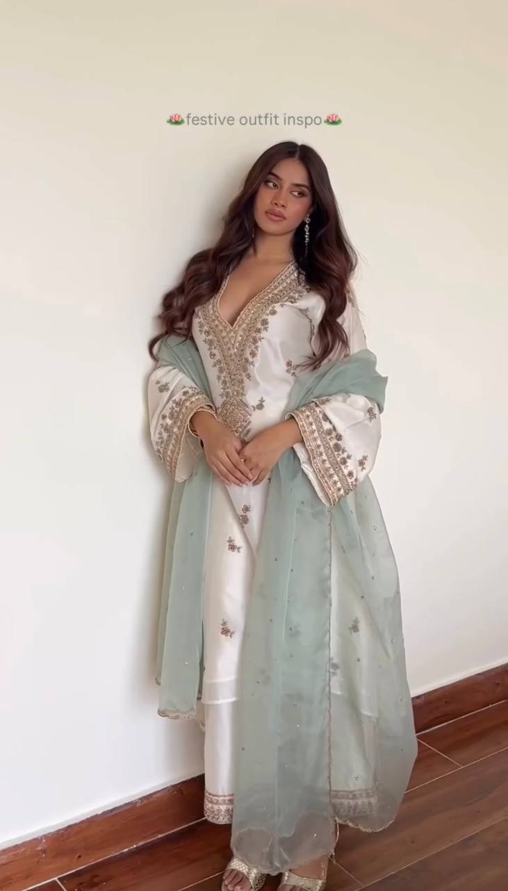 Designer Heavy Natural Silk Embroidered Salwar Suit with Dupatta – Sequence Work