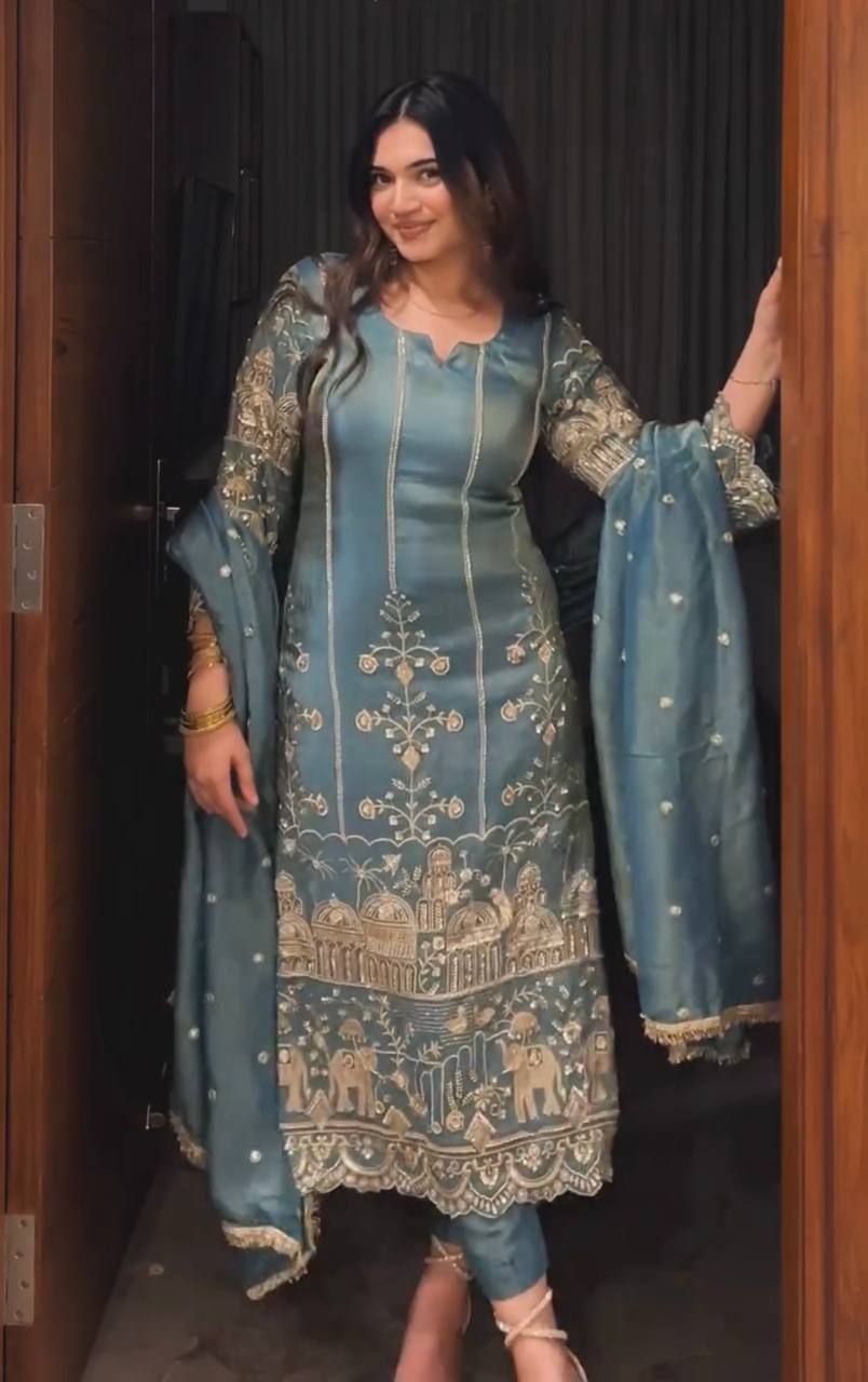 Designer Heavy Jimmy Choo Organza Suit Set with Dupatta – Chine Sequence Work