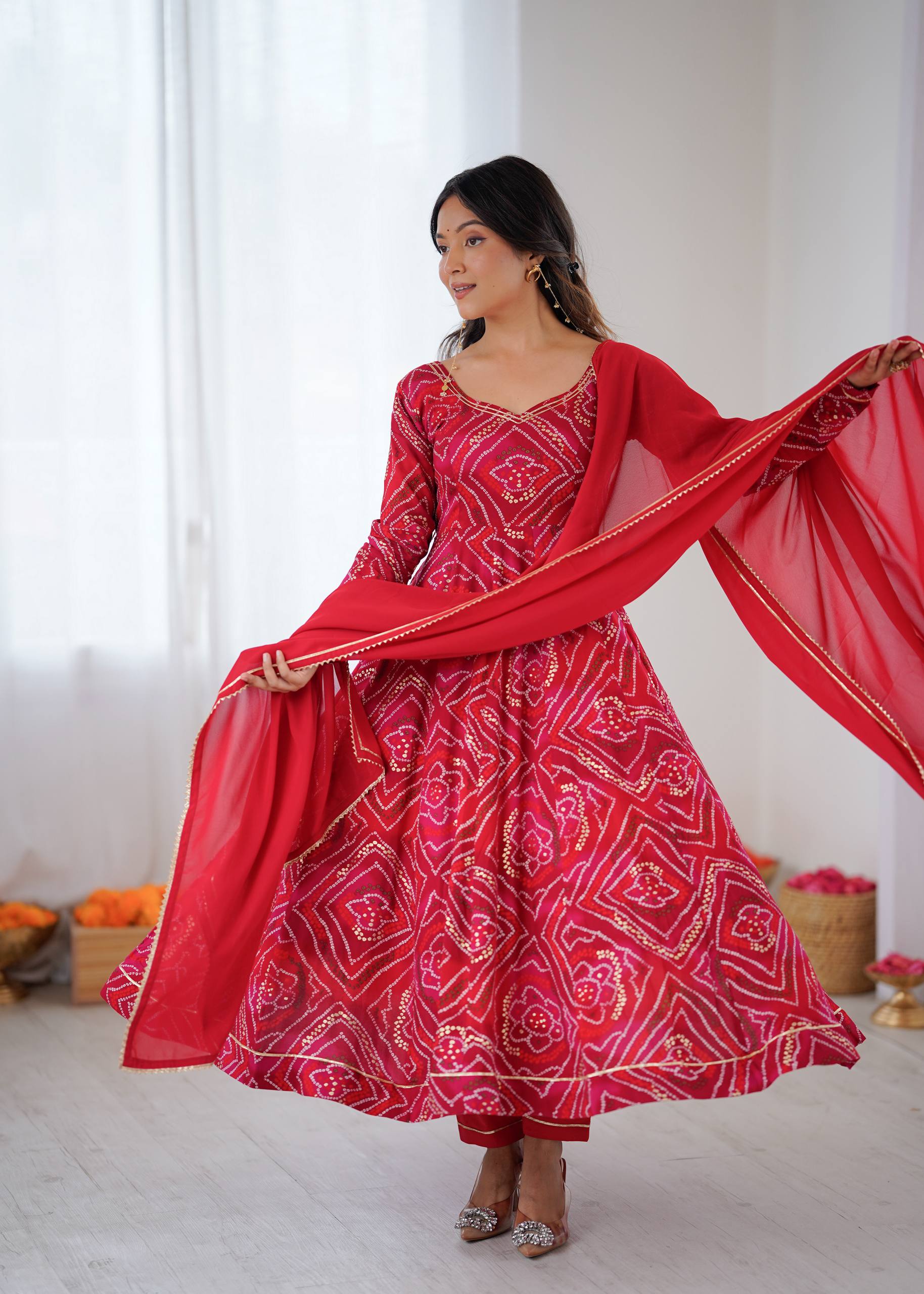 Bandhani Printed Sweetheart Neck Anarkali Kurta With Trousers & Dupatta