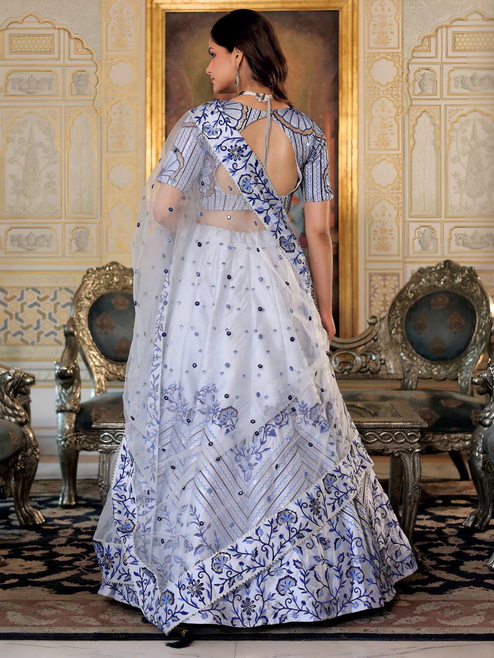 White and Blue Heritage Lehenga Set