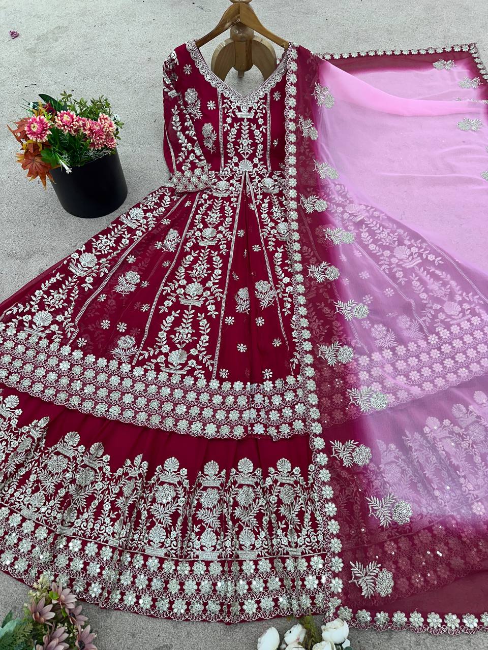 Designer Faux Georgette Gown & Lehenga Set with Embroidery Sequins & Dupatta
