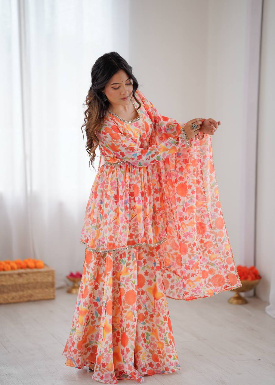 Designer Taby Organza Kediya Kurta Set with Palazzo & Dupatta – Floral Print & Mirror Lace