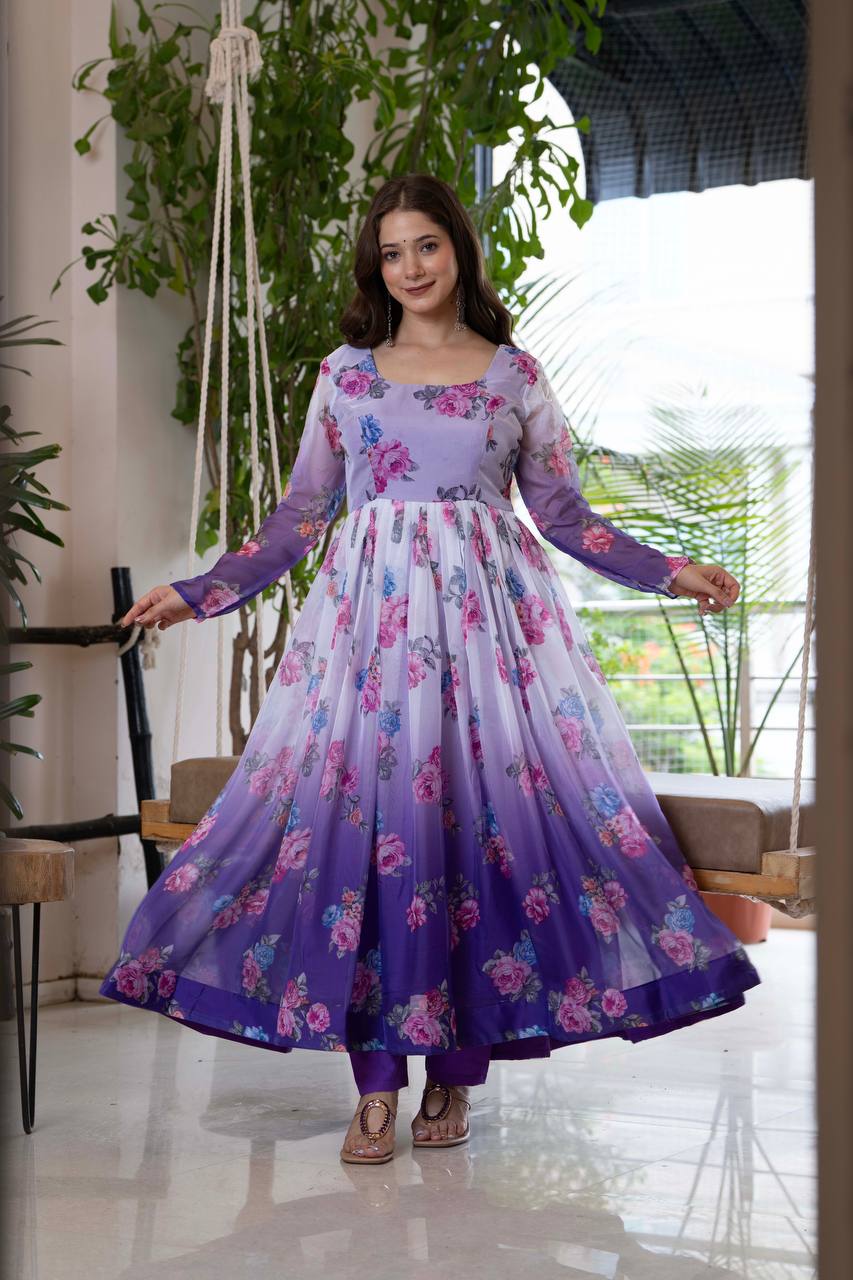 Designer Umbrella Suit Set with Dupatta & Pant – Lightweight Organza Floral Print