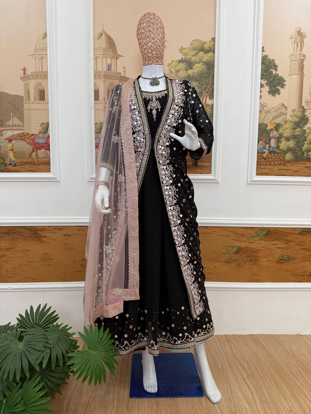 Designer Faux Georgette Gown, Koti & Dupatta Set – Embroidery & Crystal Stone Work