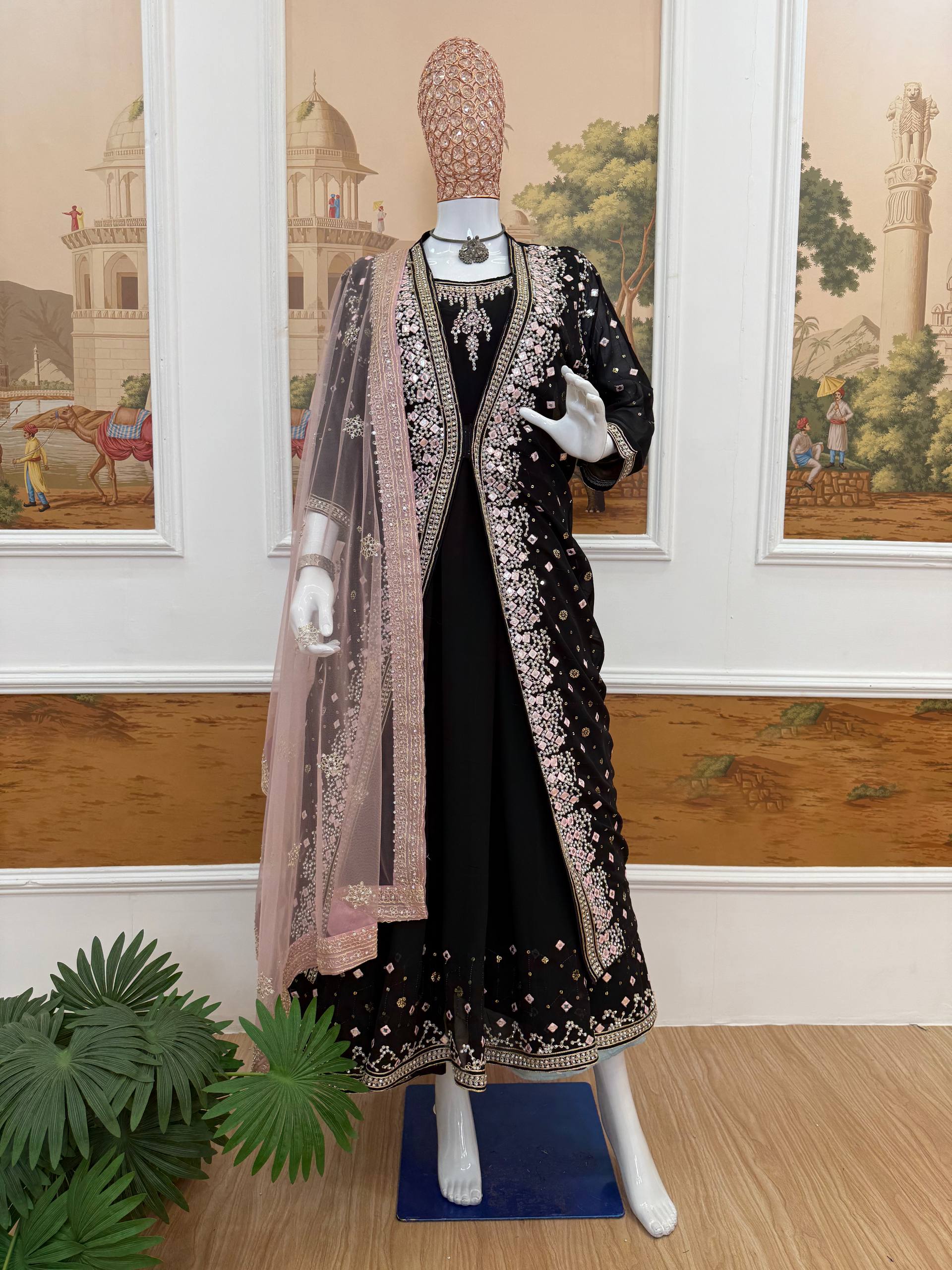 Designer Faux Georgette Gown, Koti & Dupatta Set – Embroidery & Crystal Stone Work