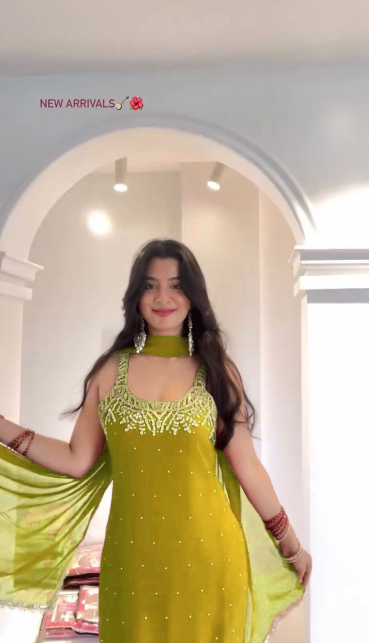 Green Georgette Sharara Set with Dupatta – Thread, Sequin & Pearl Work