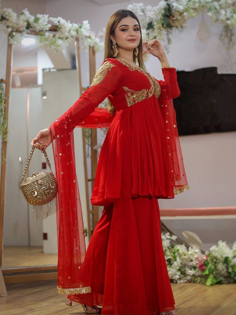 Exclusive One-Piece Cowl Dress Set with Shrug – Chinon Fabric with Sequence Embroidery