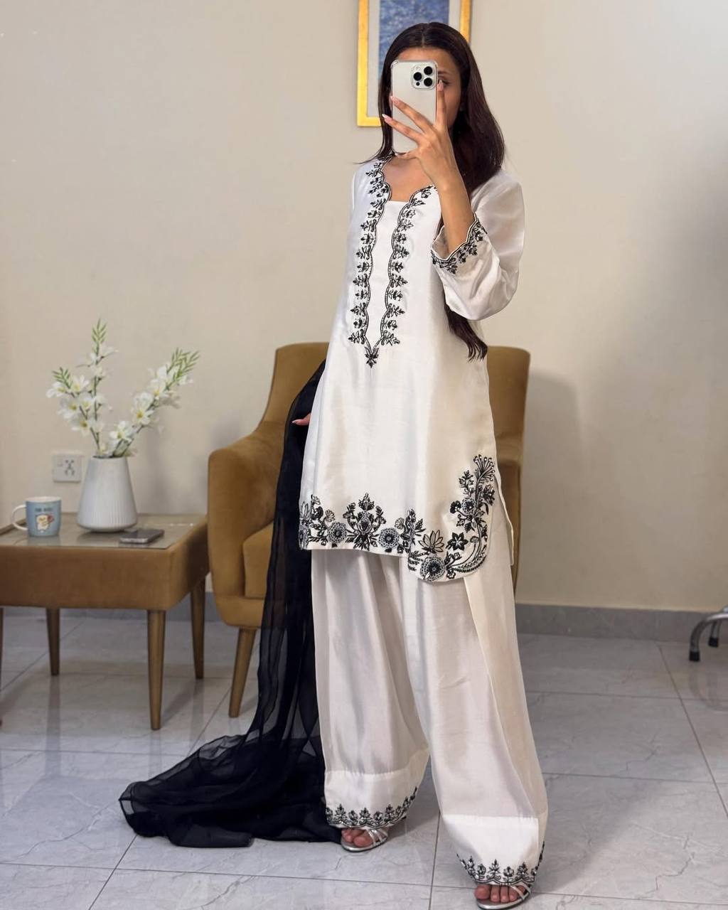 Designer Natural Crepe Top with Farshi Plazzo & Dupatta – Beads, Embroidery & Sequence Work